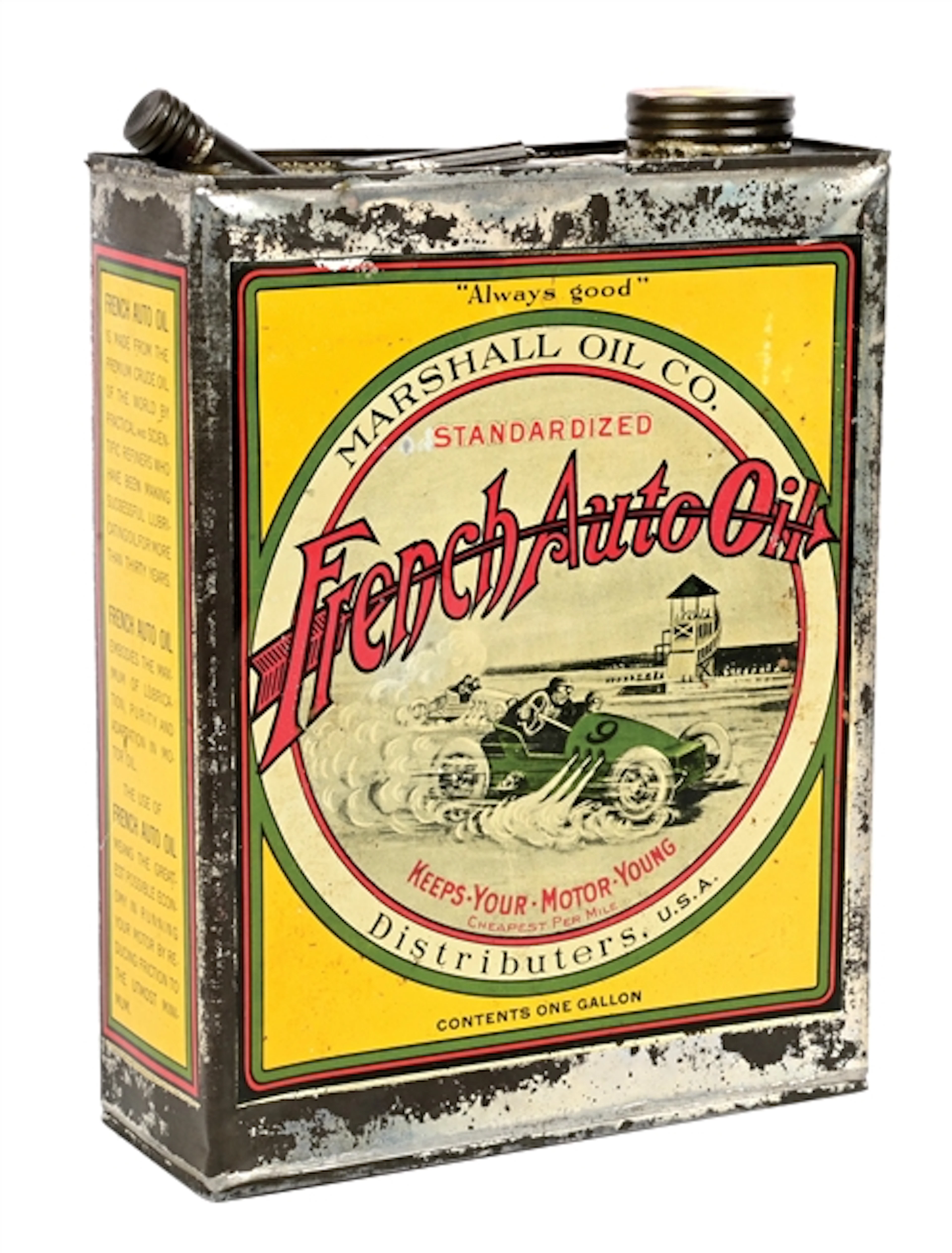 FRENCH AUTO OIL "ALWAYS GOOD" ONE GALLON CAN W/ RACE CAR SCENE GRAPHIC.