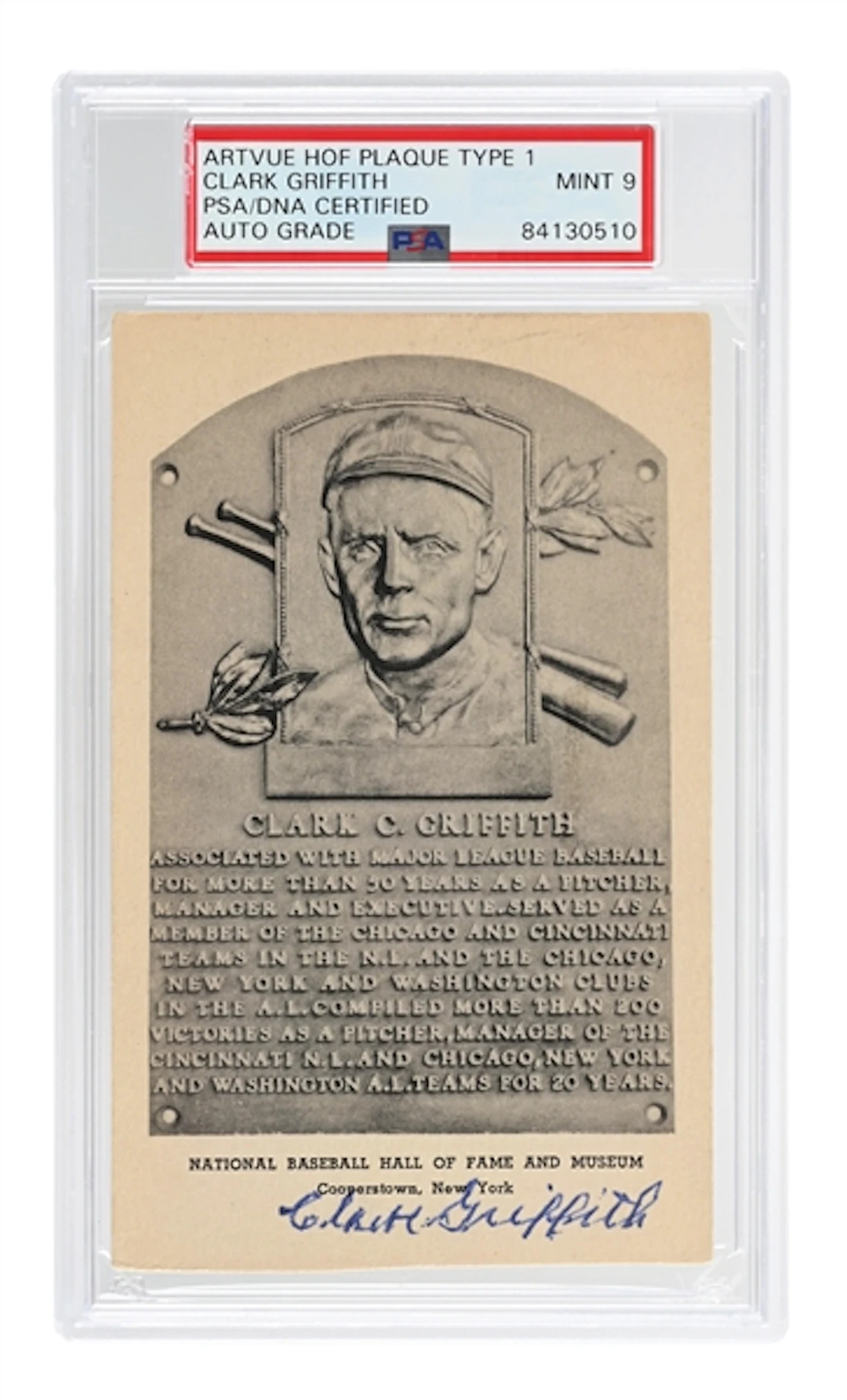 CLARK GRIFFITH SIGNED ARTVUE HOF PLAQUE PSA/DNA MT 9
