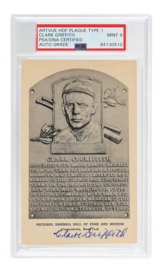 CLARK GRIFFITH SIGNED ARTVUE HOF PLAQUE PSA/DNA MT 9