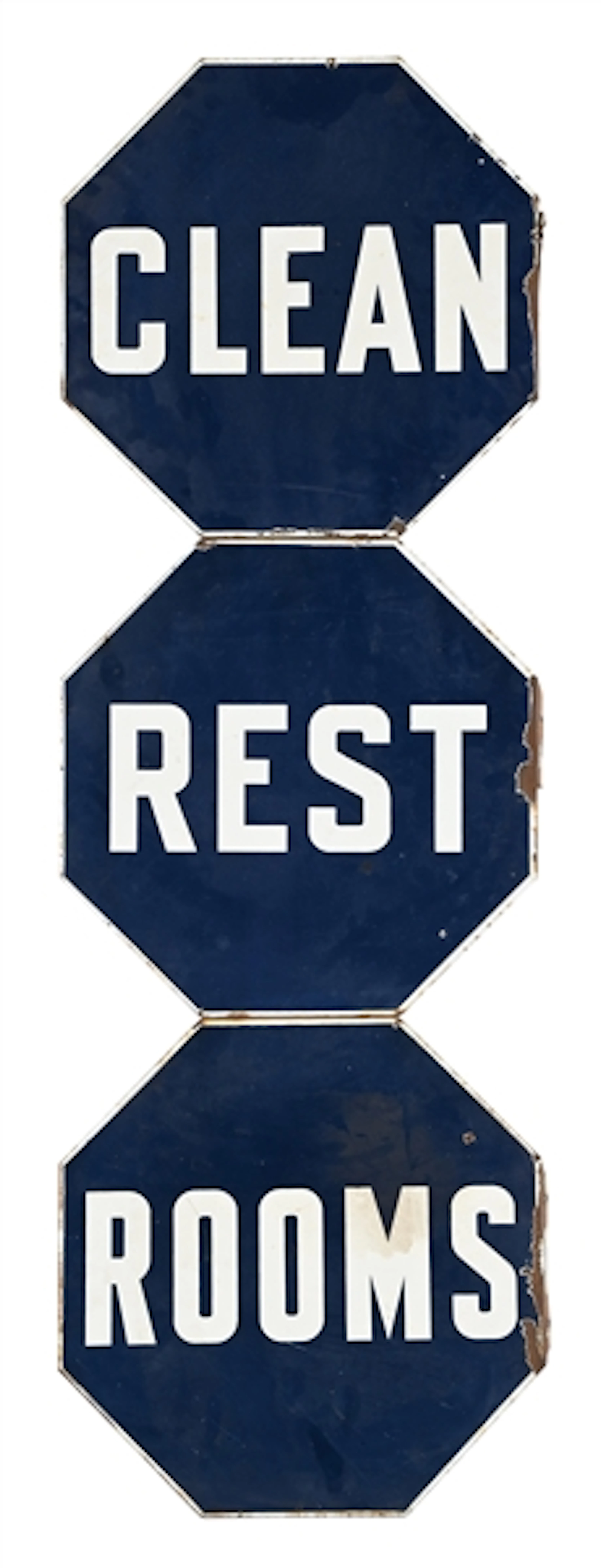 CLEAN REST ROOMS THREE PIECE PORCELAIN SERVICE STATION SIGN