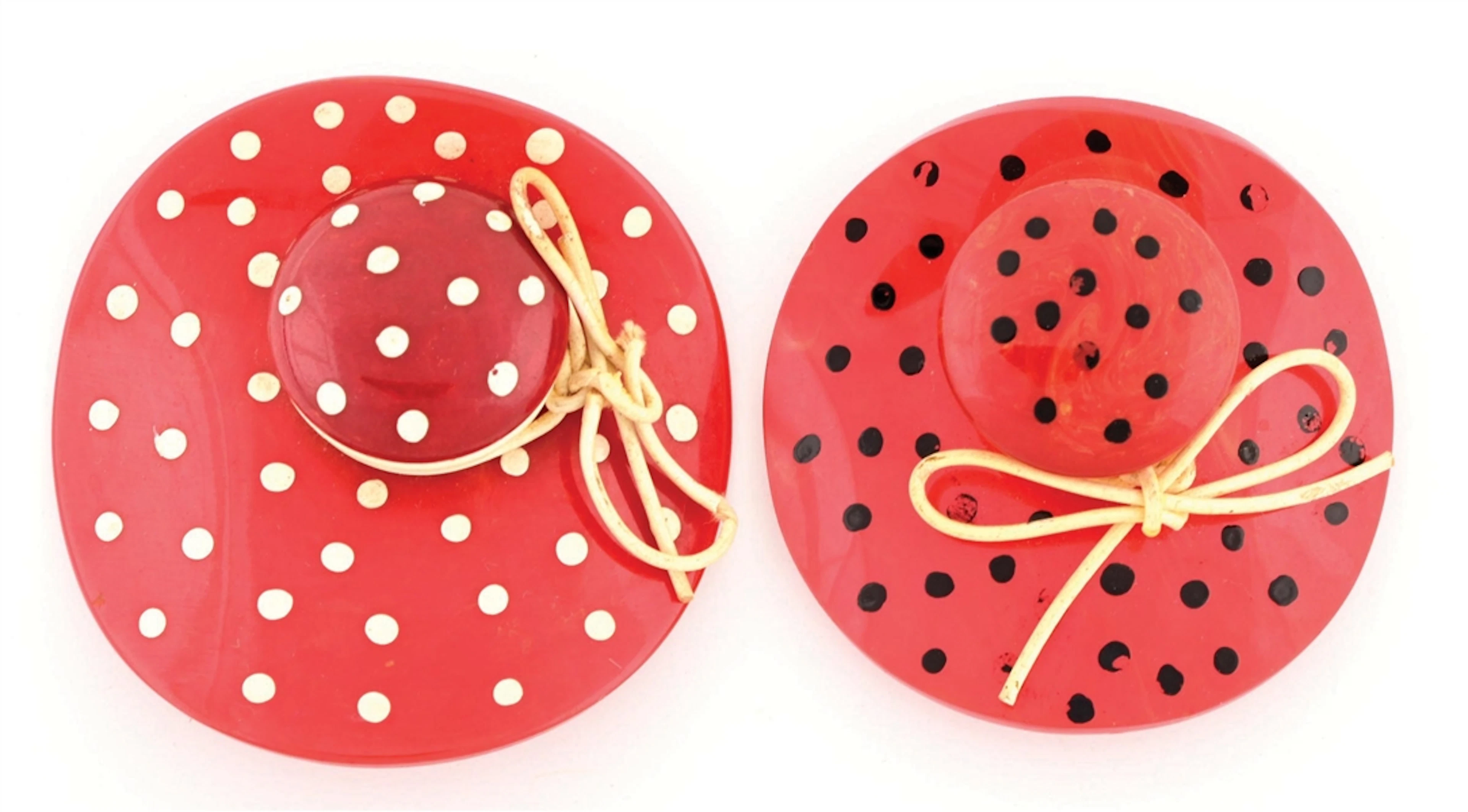 LOT OF 2: BAKELITE RED POLKA DOT HAT BROOCHES