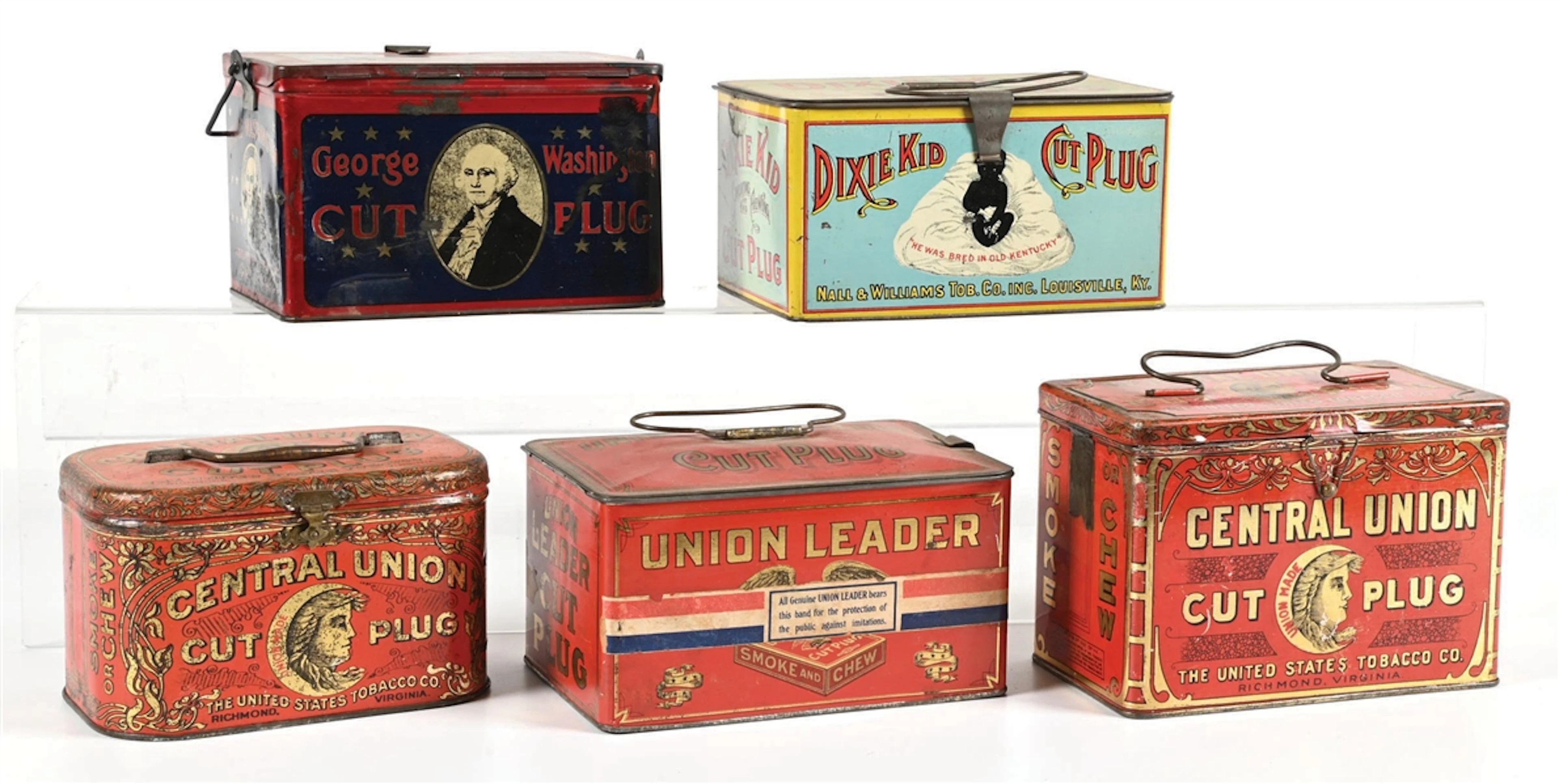 COLLECTION OF 5: VARIOUS LUNCH PAIL-STYLE TOBACCO TINS