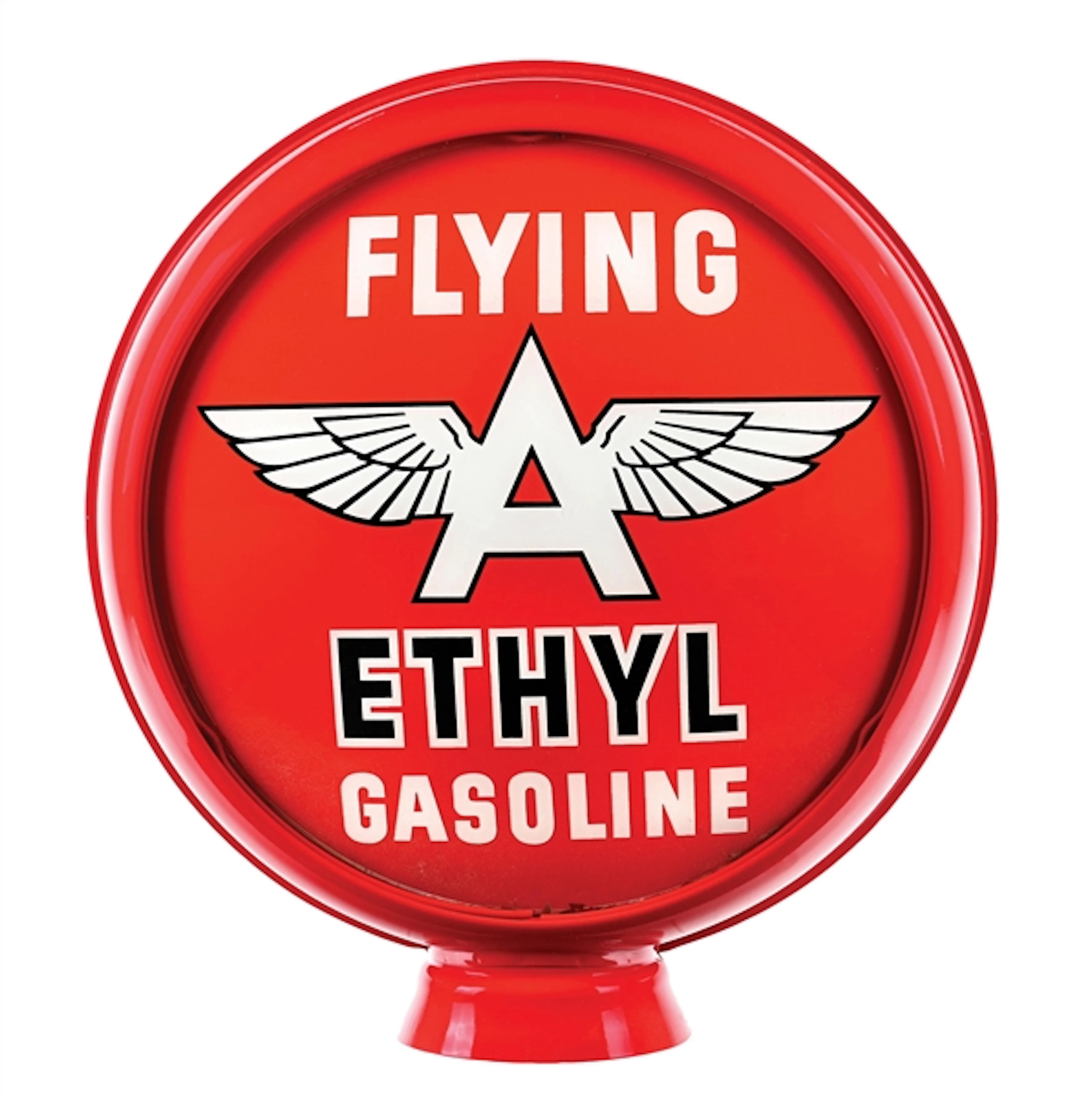 FLYING A ETHYL GASOLINE SINGLE 15" GLOBE LENS ON HIGH PROFILE METAL BODY.