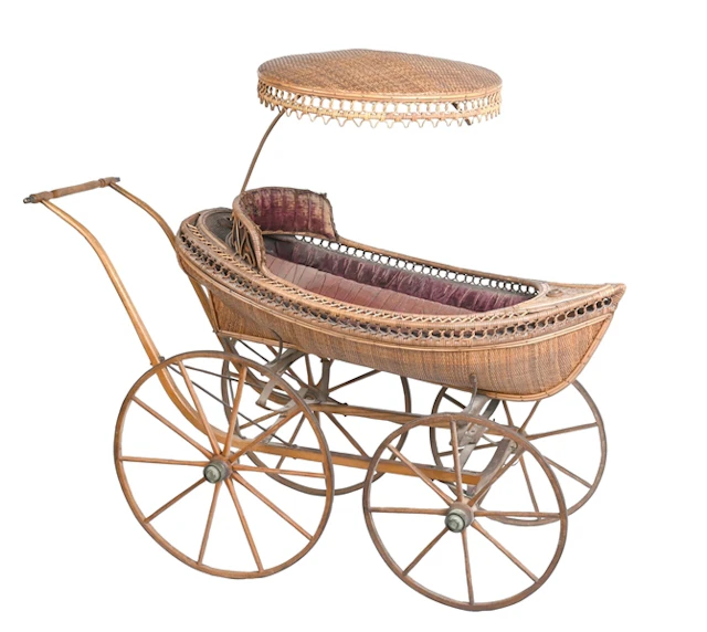 LARGE SIZE ANTIQUE VICTORIAN WICKER BABY CARRIAGE