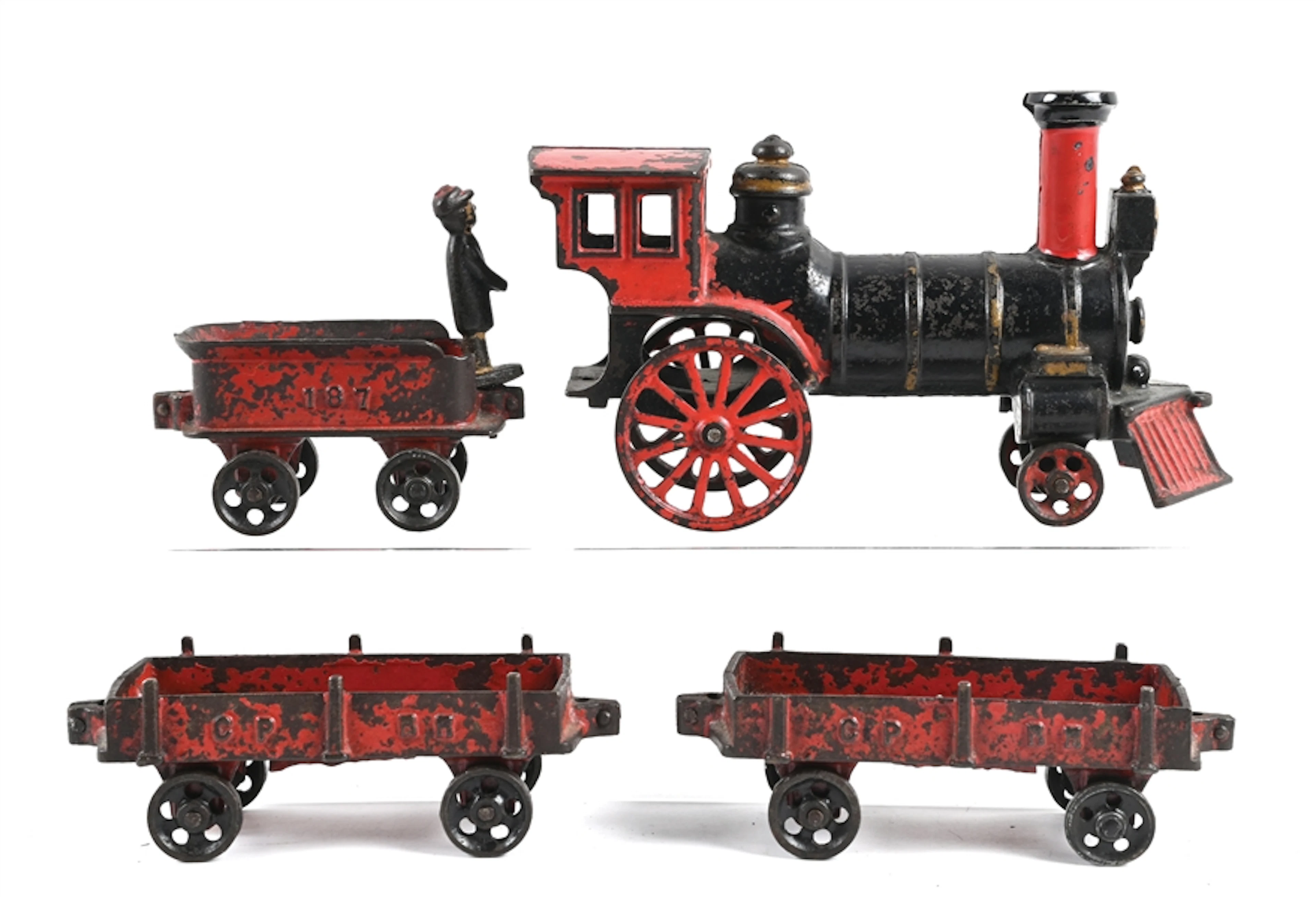 SET OF 4 CAST IRON TOY TRAIN WITH FREIGHT CARS