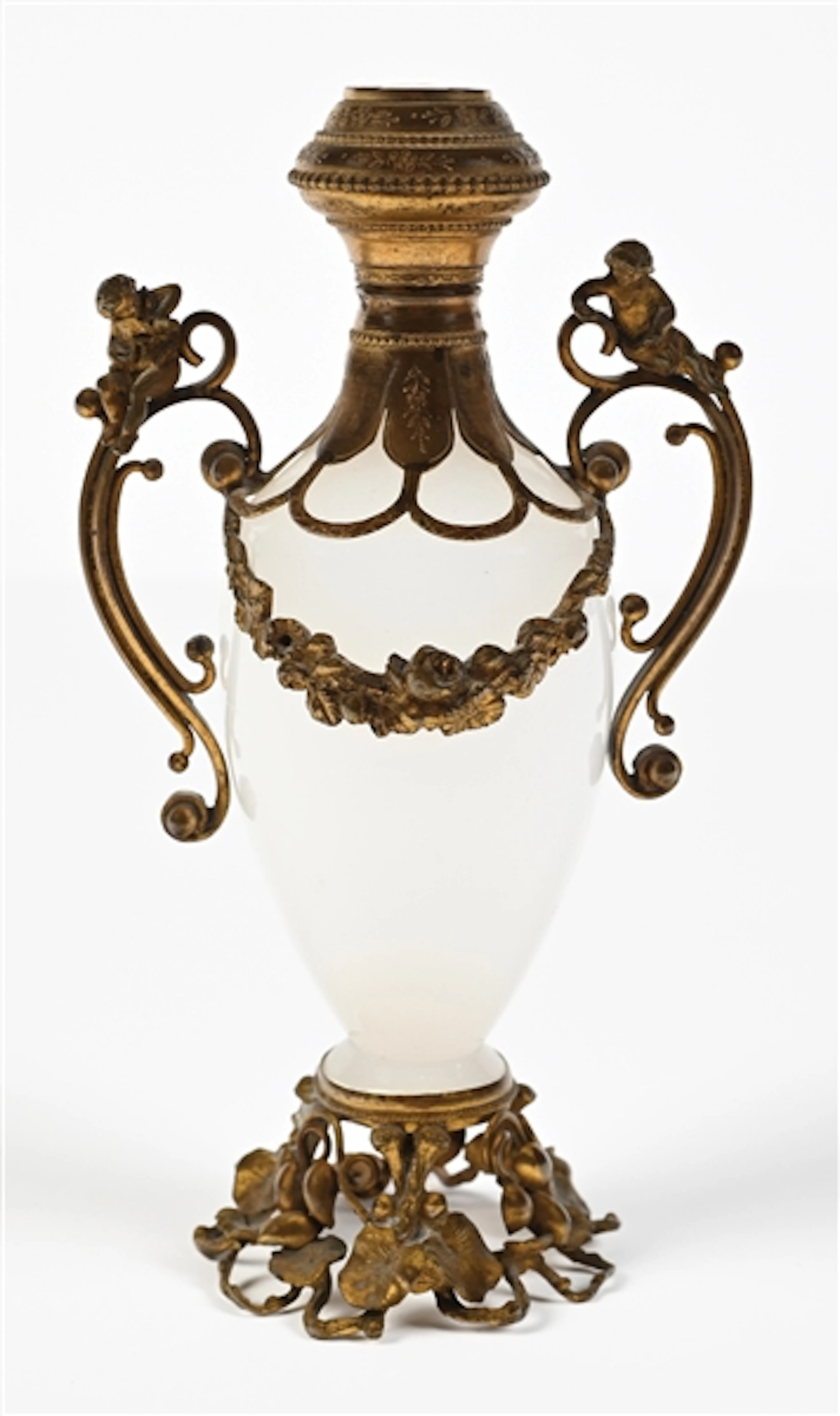 OPALINE PERFUME WITH CHERUB HANDLES, CAMEO STOPPER, AND ORNATE FLORAL HOLDER.