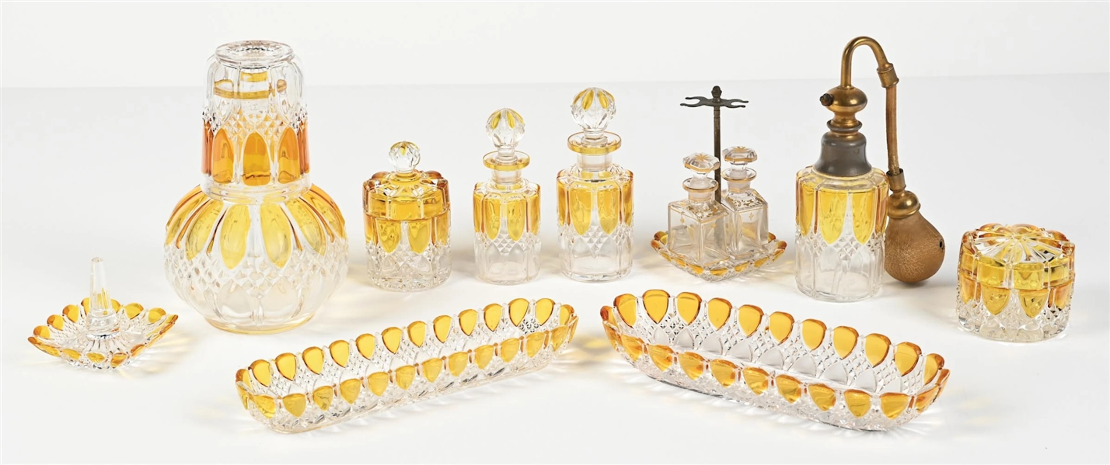 LOT OF 12: VAL SAINT LAMBERT AMBER CRYSTAL TOILETRY SET
