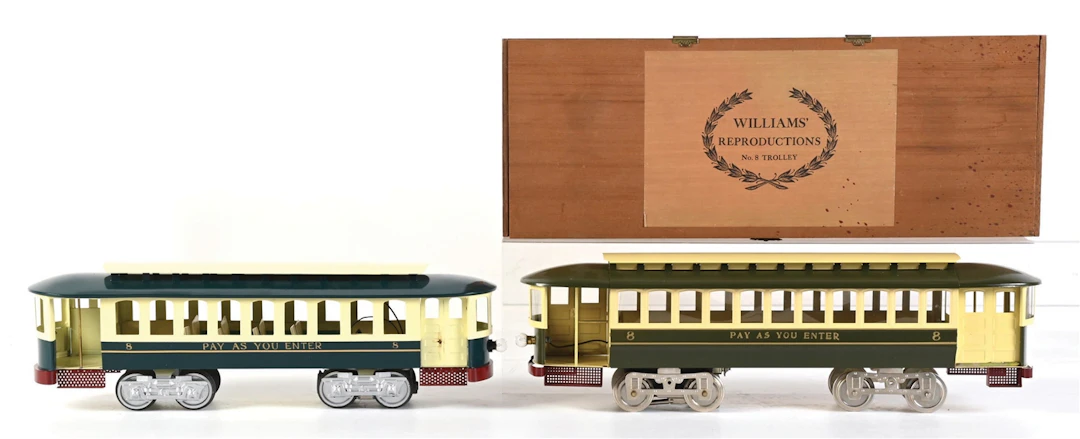LOT OF 2: WILLIAMS & UNKNOWN MFG. STD-GA. PAY AS YOU ENTER NO. 8 TROLLEYS