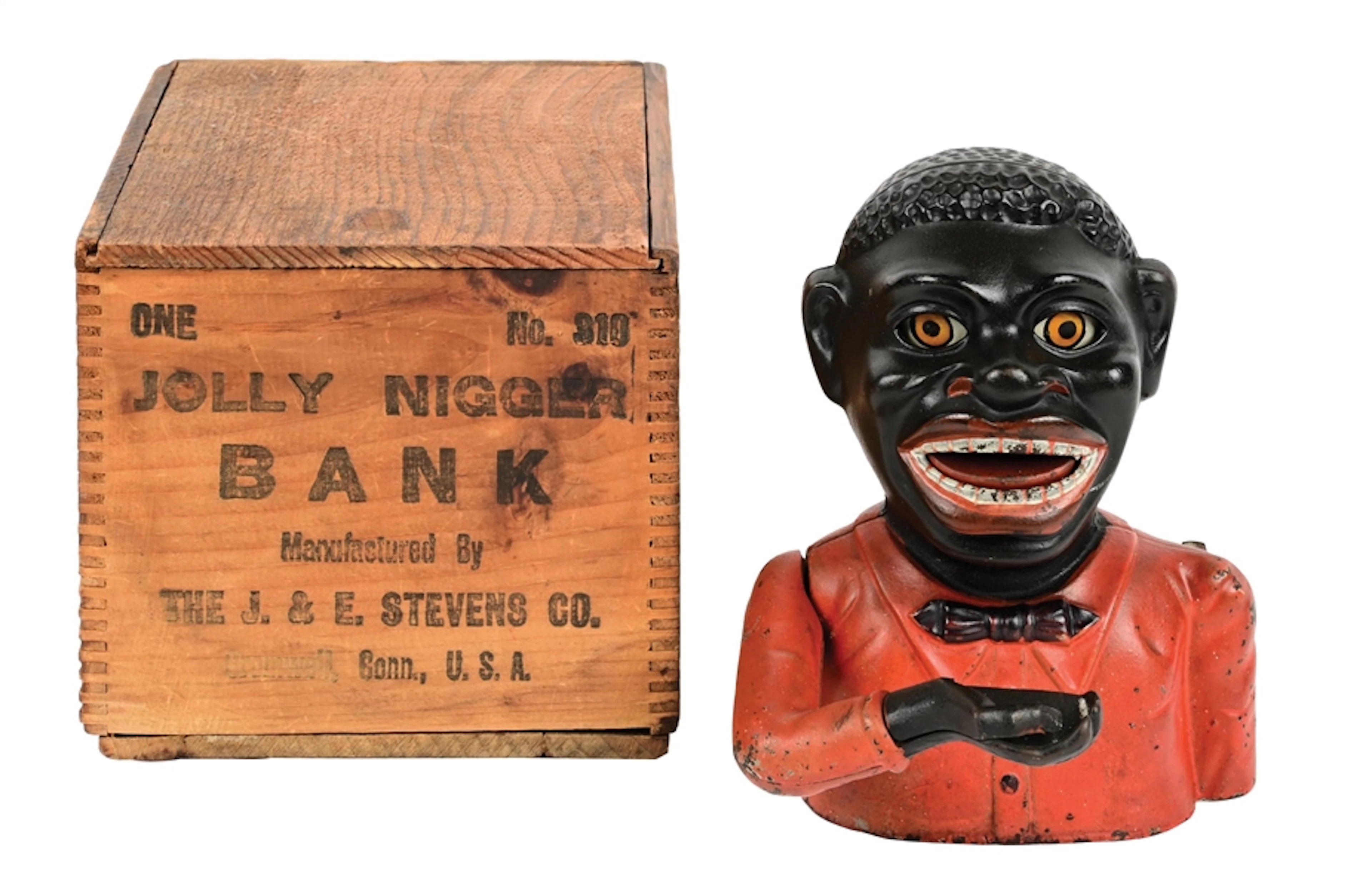 J. & E. STEVENS CO. "JOLLY N" CAST IRON MECHANICAL BANK NP. 310 WITH