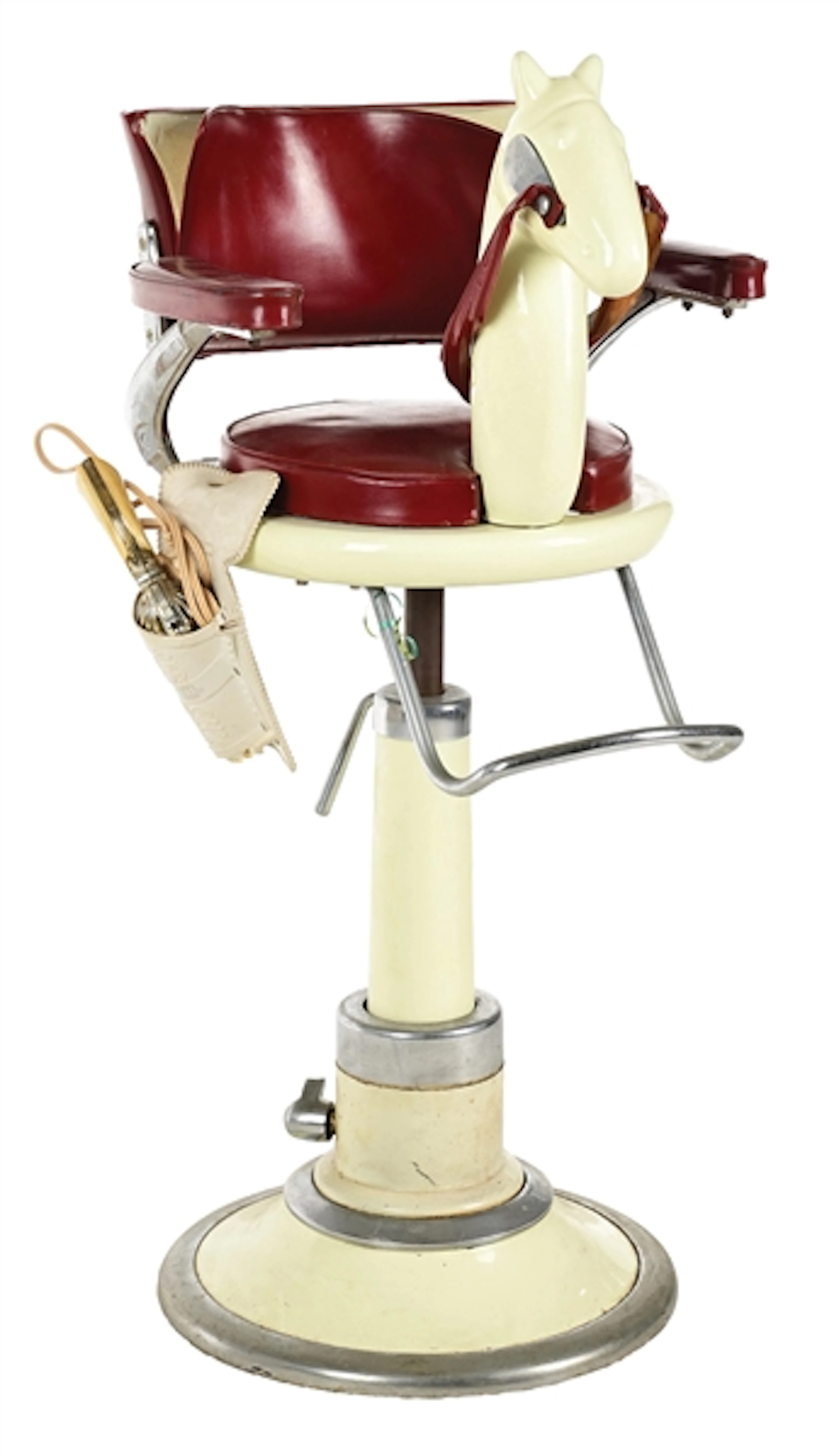PORCELAIN & IRON CHILDREN'S BARBER CHAIR W/ MOUNTED HORSE & CAP GUN