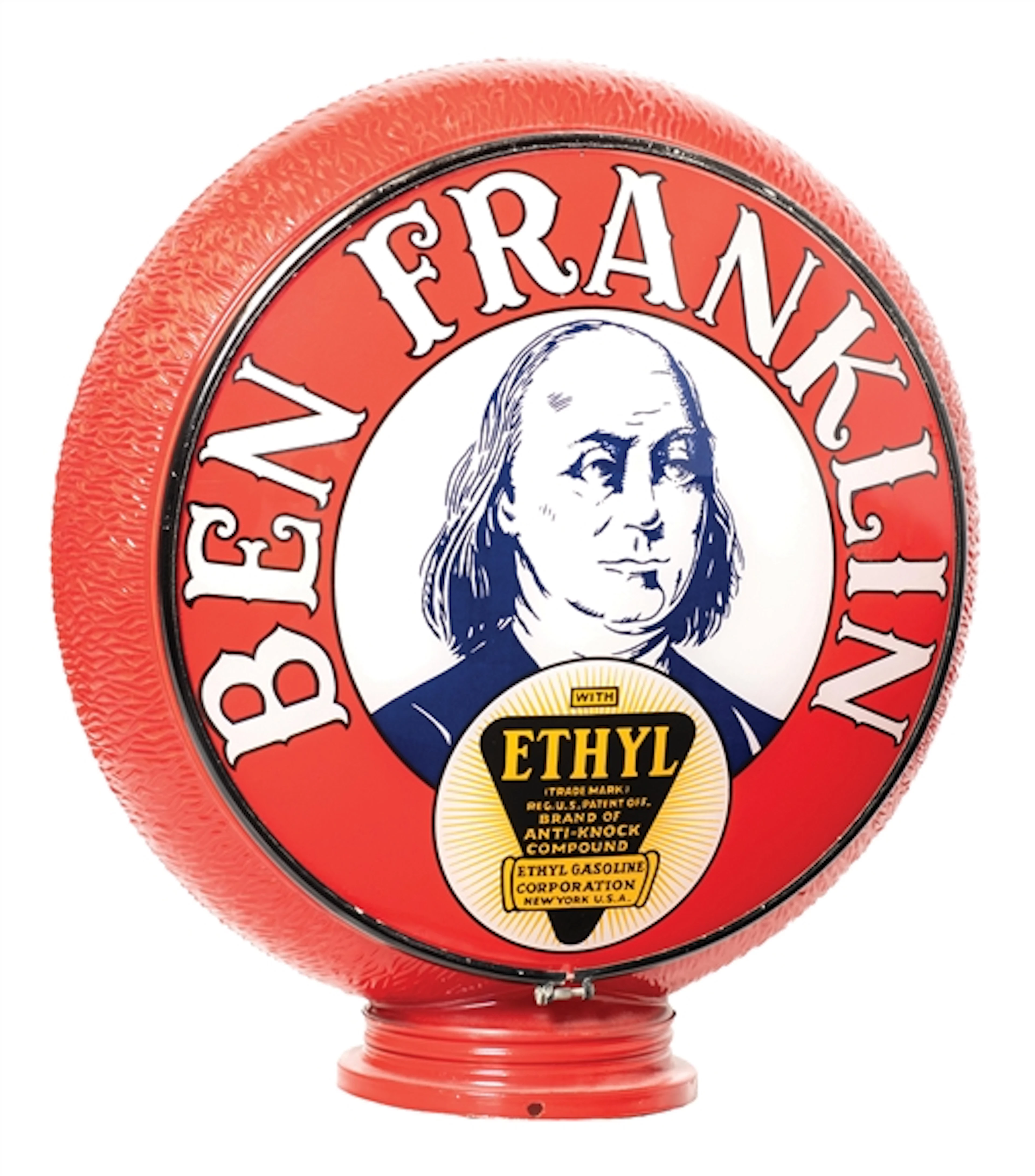 BEN FRANKLIN ETHYL GASOLINE COMPLETE 13.25" GLOBE ON RED RIPPLE BODY.