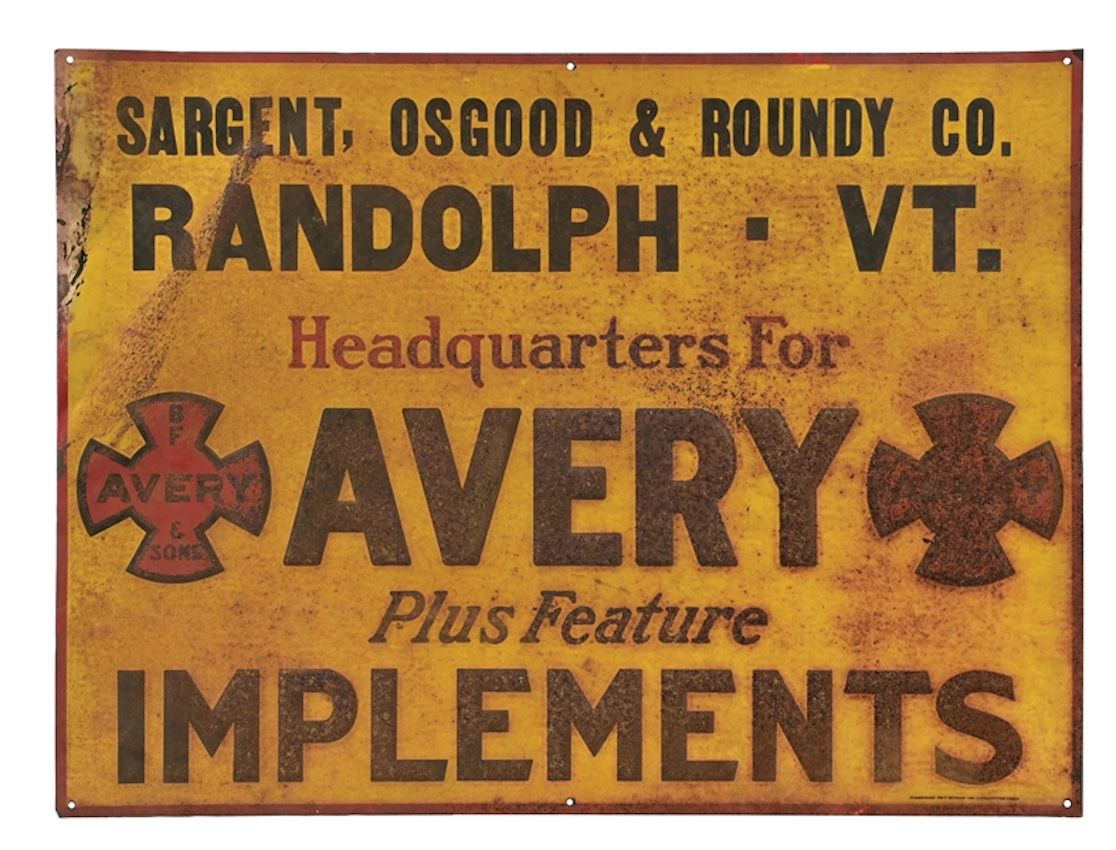 AVERY PLUS FEATURE IMPLEMENTS EMBOSSED TIN SIGN