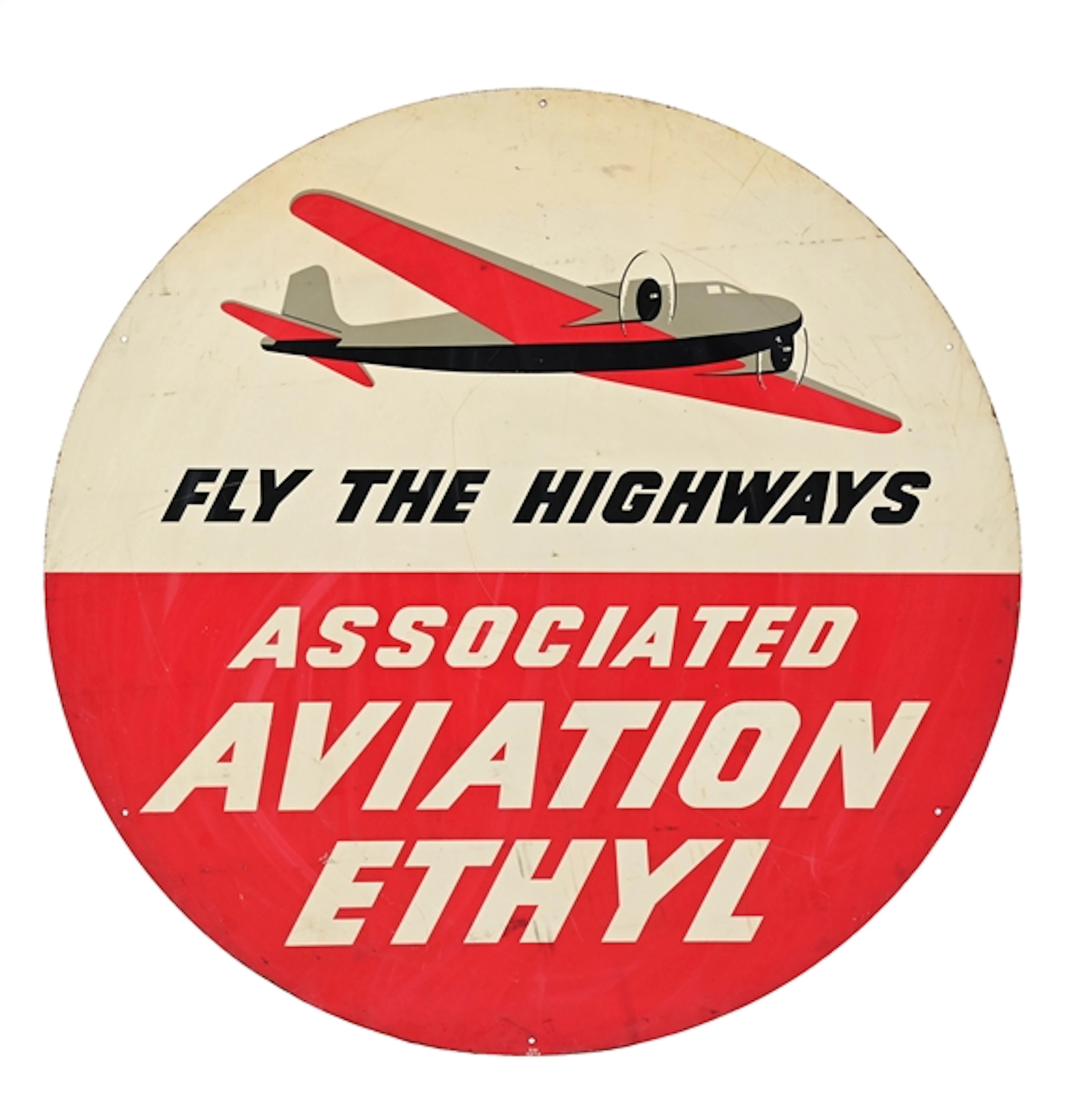 ASSOCIATED AVIATION ETHYL "FLY THE HIGHWAYS" PLYWOOD SERVICE STATION SIGN