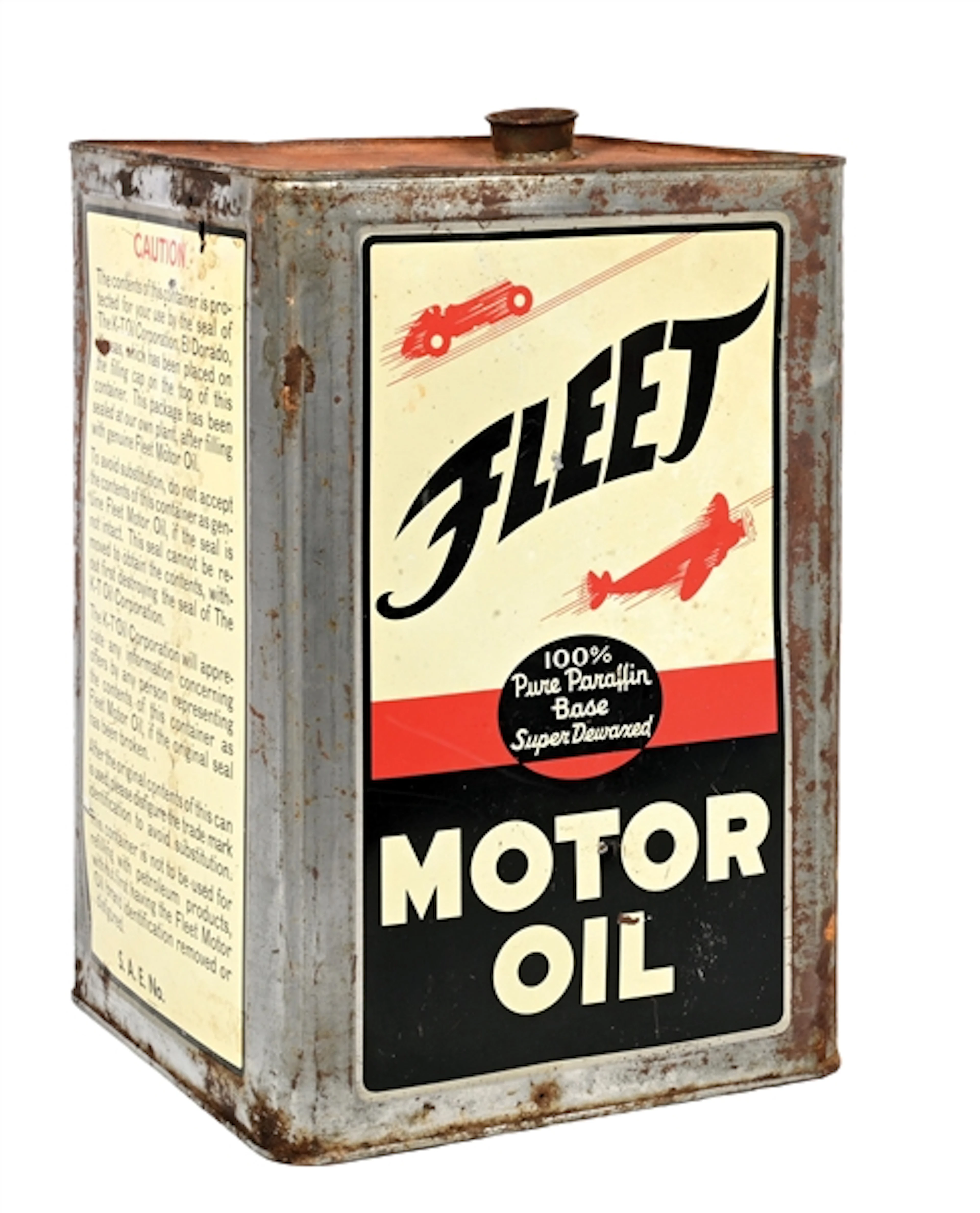 FLEET MOTOR OIL FIVE GALLON SQUARE CAN W/ CAR & AIRPLANE GRAPHICS.
