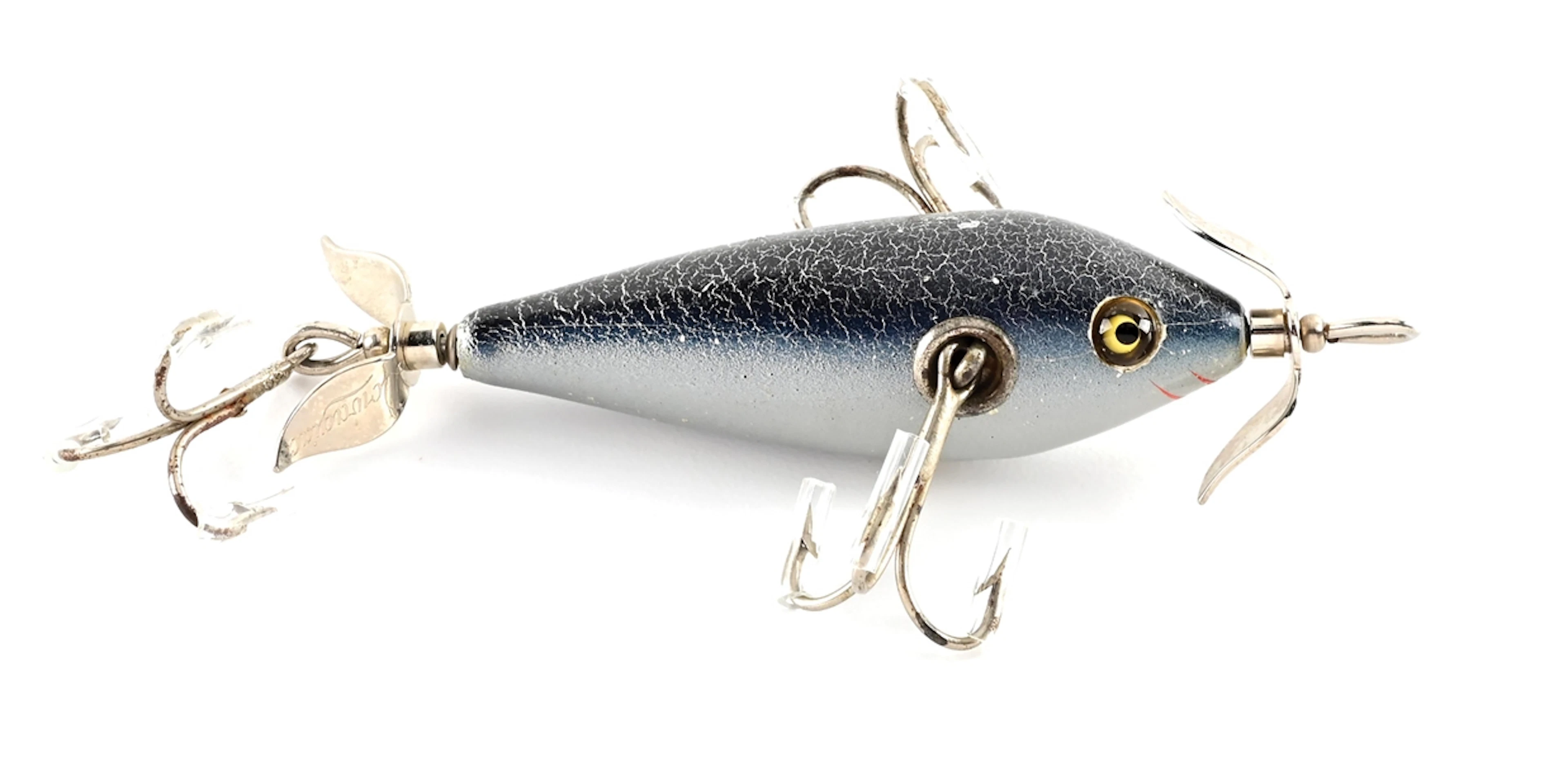 UNUSUAL HEDDON MINNOW IN BLUE CRACKLE OVER ALUMINUM