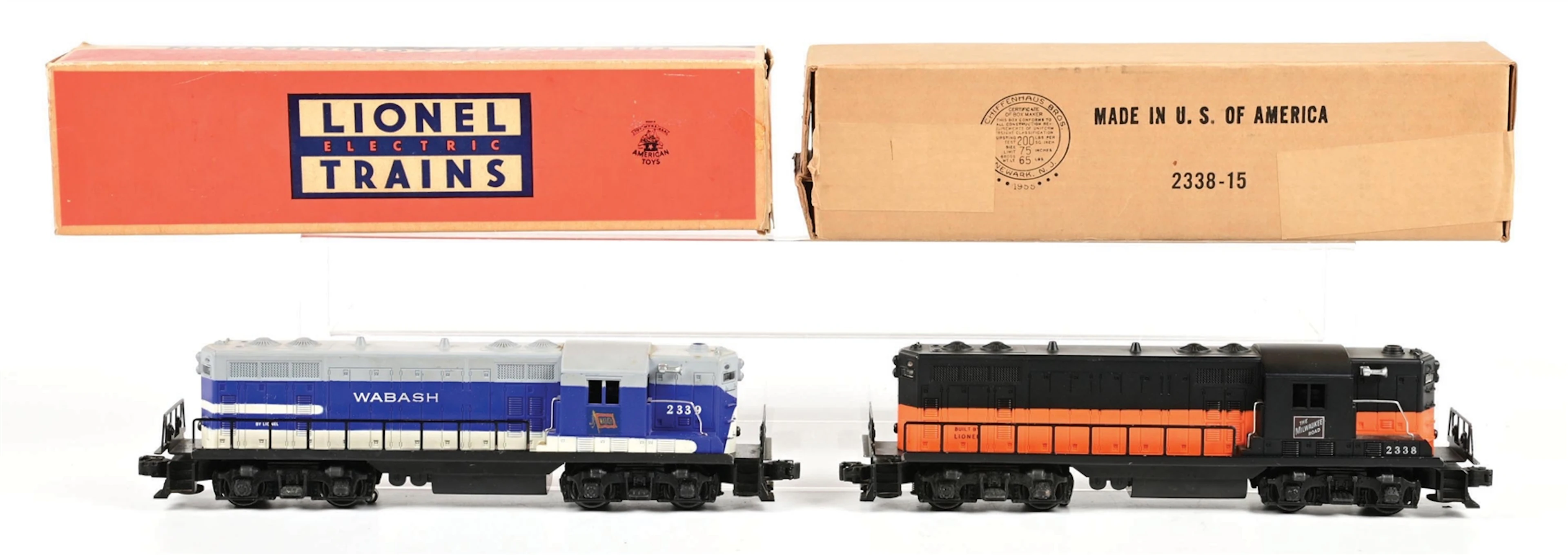 POST-WAR LIONEL O-GA. NO. 2338 MILWAUKEE ROAD & NO. 2339 WABASH GP-7