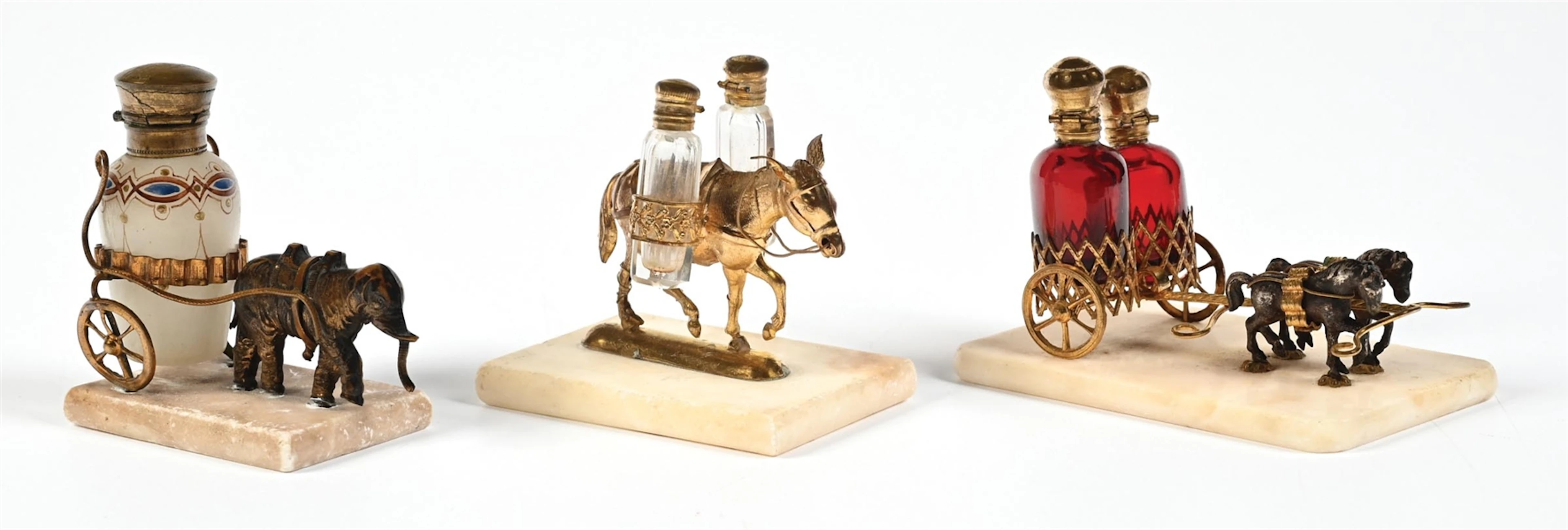LOT OF 3: FRENCH PALAIS DONKEY, ELEPHANT, HORSE PERFUME WAGONS INCLUDING