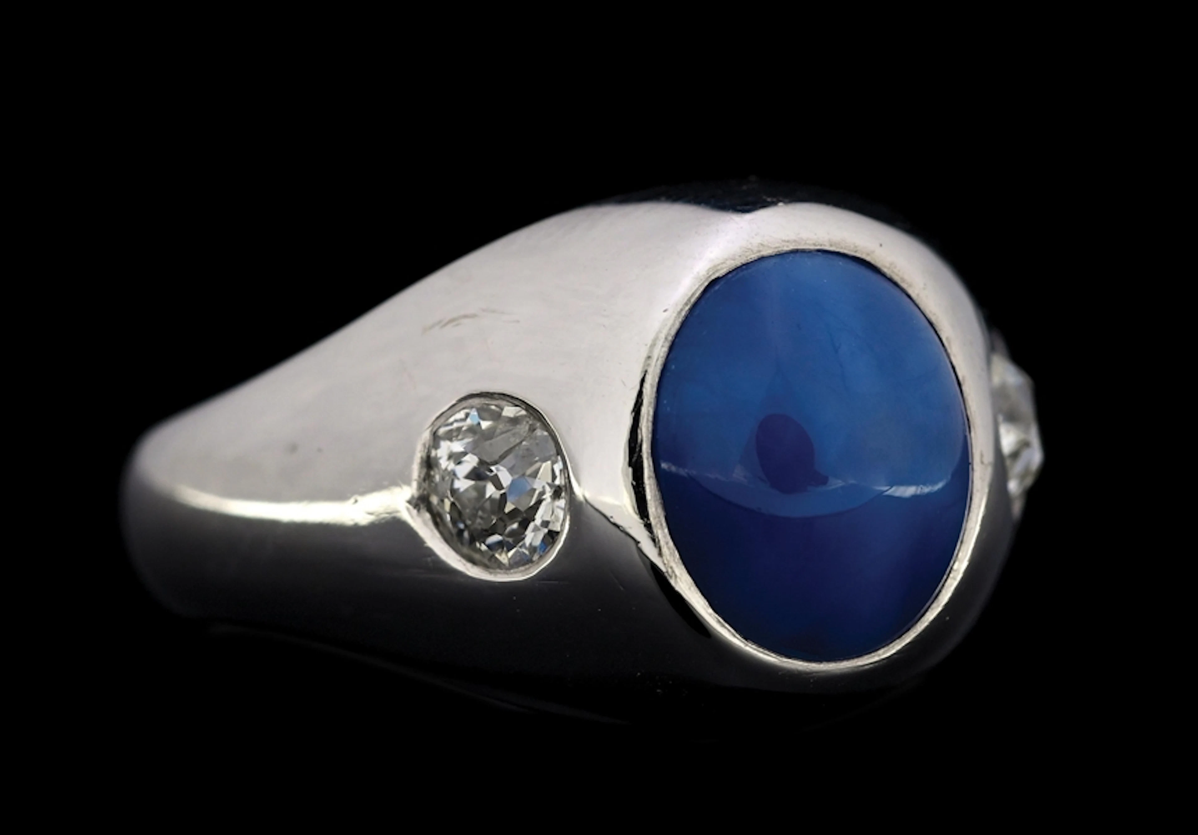 14K WHITE GOLD STAR SAPPHIRE & DIAMOND RING W/REPORT