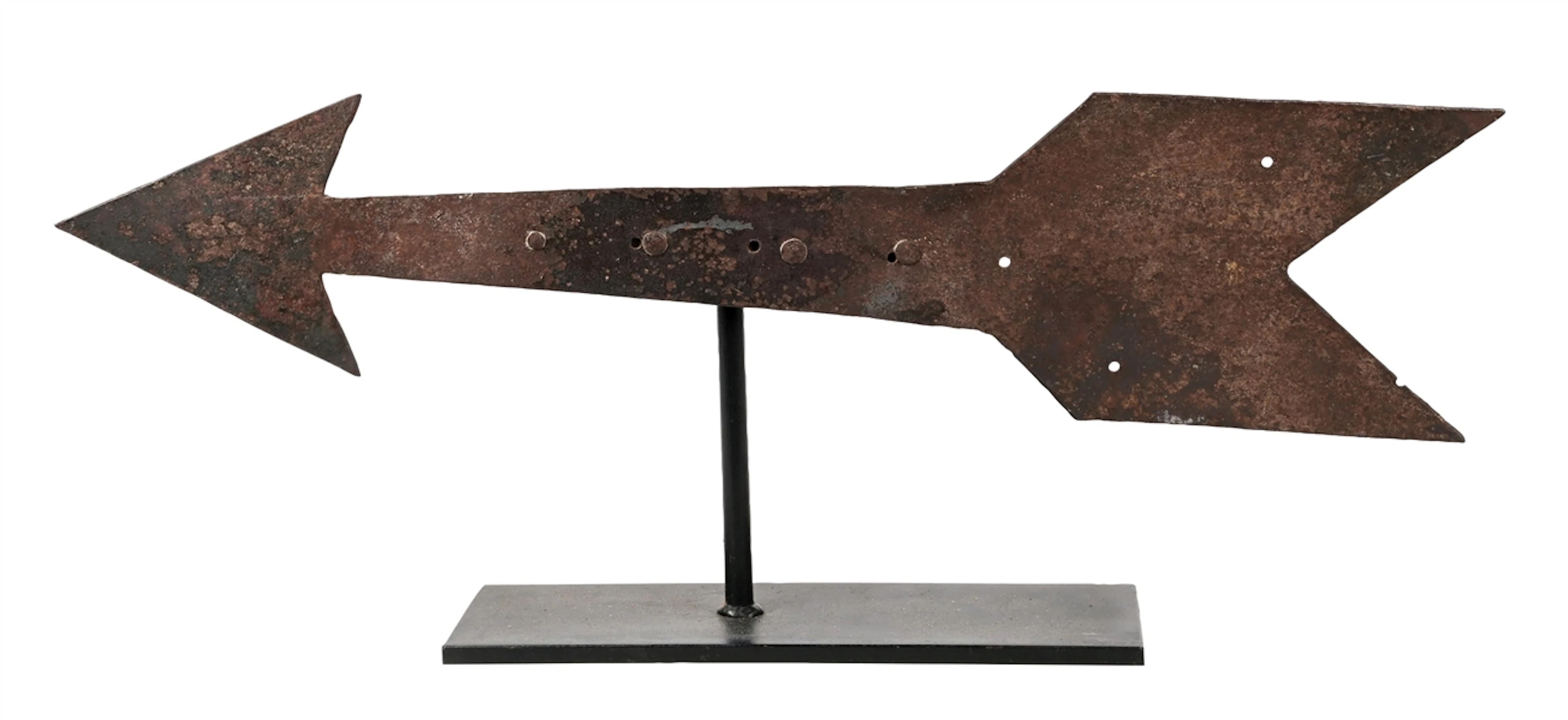 EARLY HAND FORGED METAL DIRECTIONAL ARROW ON CUSTOM DISPLAY STAND.