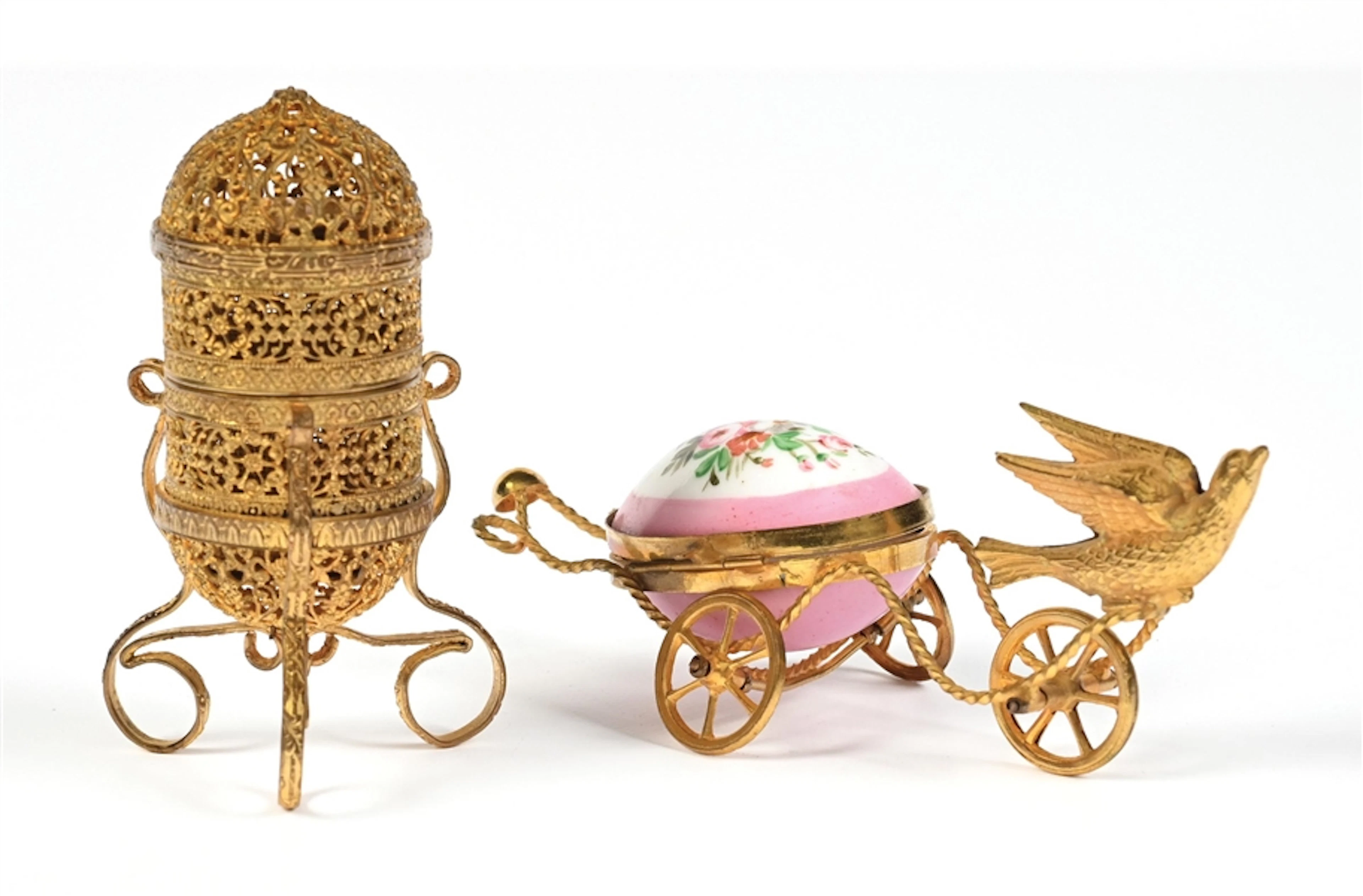 LOT OF 2: GOLD GILDED CANDY CASE & BIRD-DRAWN CHARIOT WATCH HOLDER