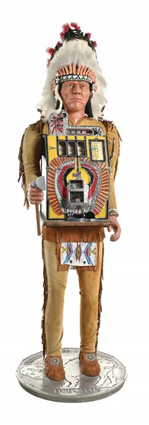 25¢ MILLS WAR EAGLE SLOT MACHINE WITH NATIVE AMERICAN STAND
