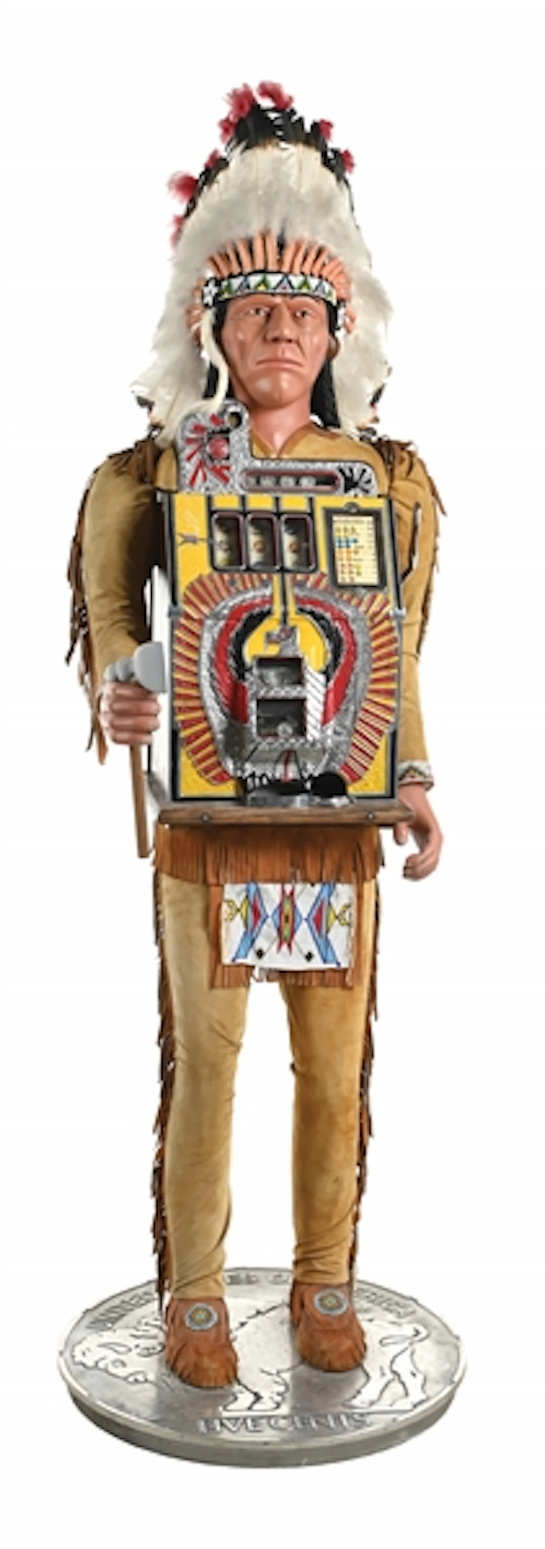 25¢ MILLS WAR EAGLE SLOT MACHINE WITH NATIVE AMERICAN STAND