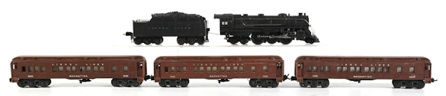 LOT OF 5: LIONEL 0-GA. NO. 226E STEAM LOCO W/ TENDER AND MANHATTAN CARS