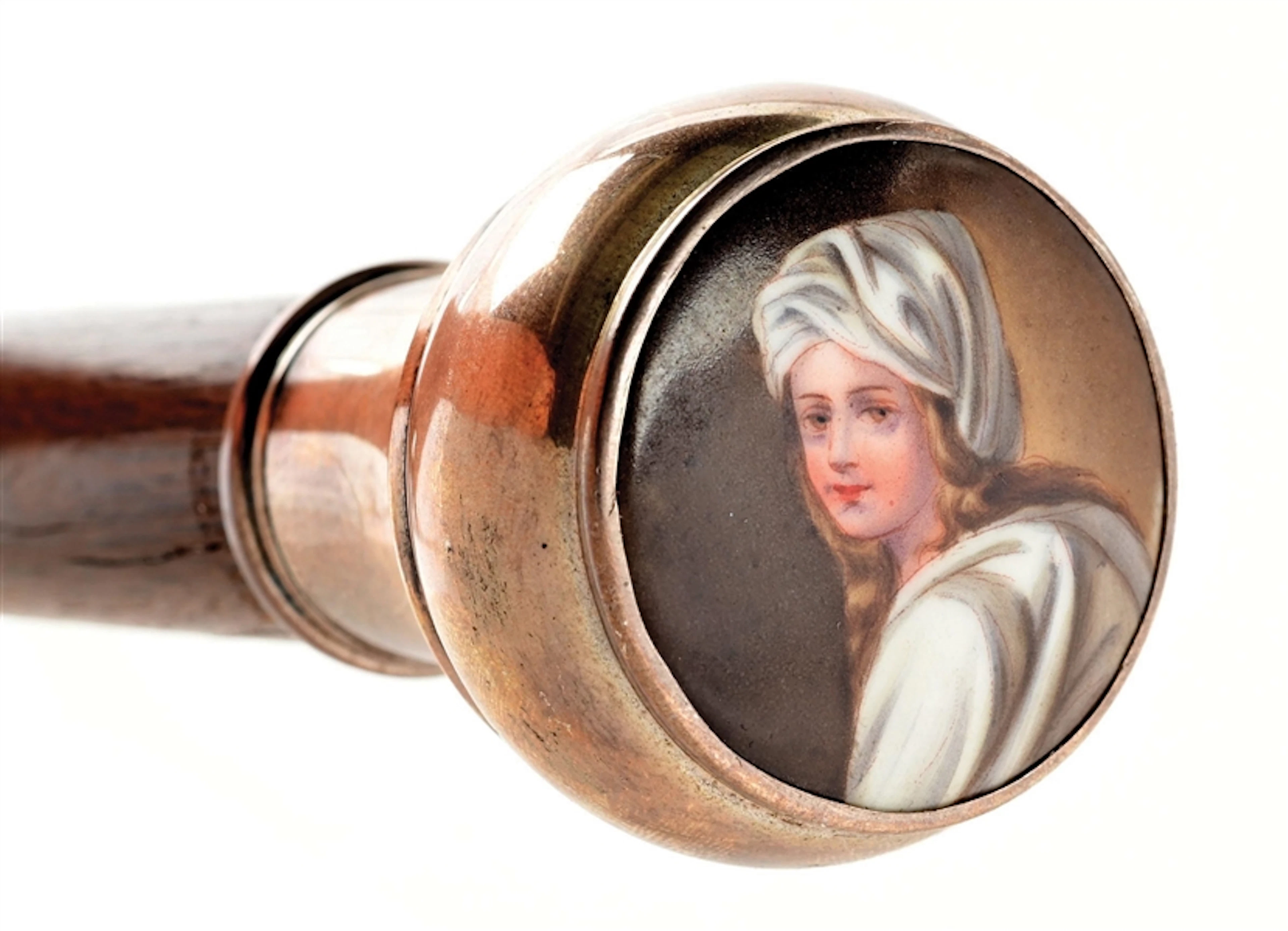 ANTIQUE WALKING STICK CANE WITH PORTRAIT PAINTED HANDLE
