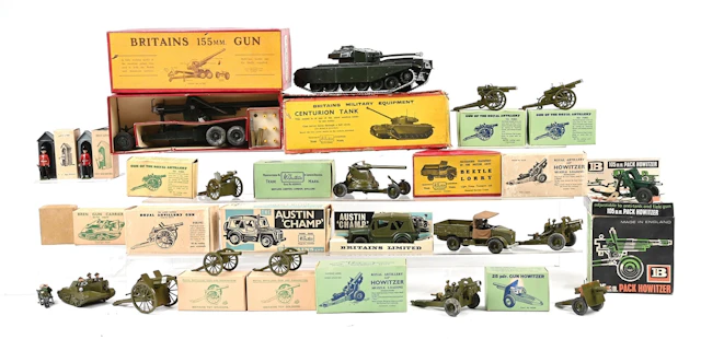 LOT OF 19: W. BRITAINS MILITARY EQUIPMENT GROUP IN BOXES