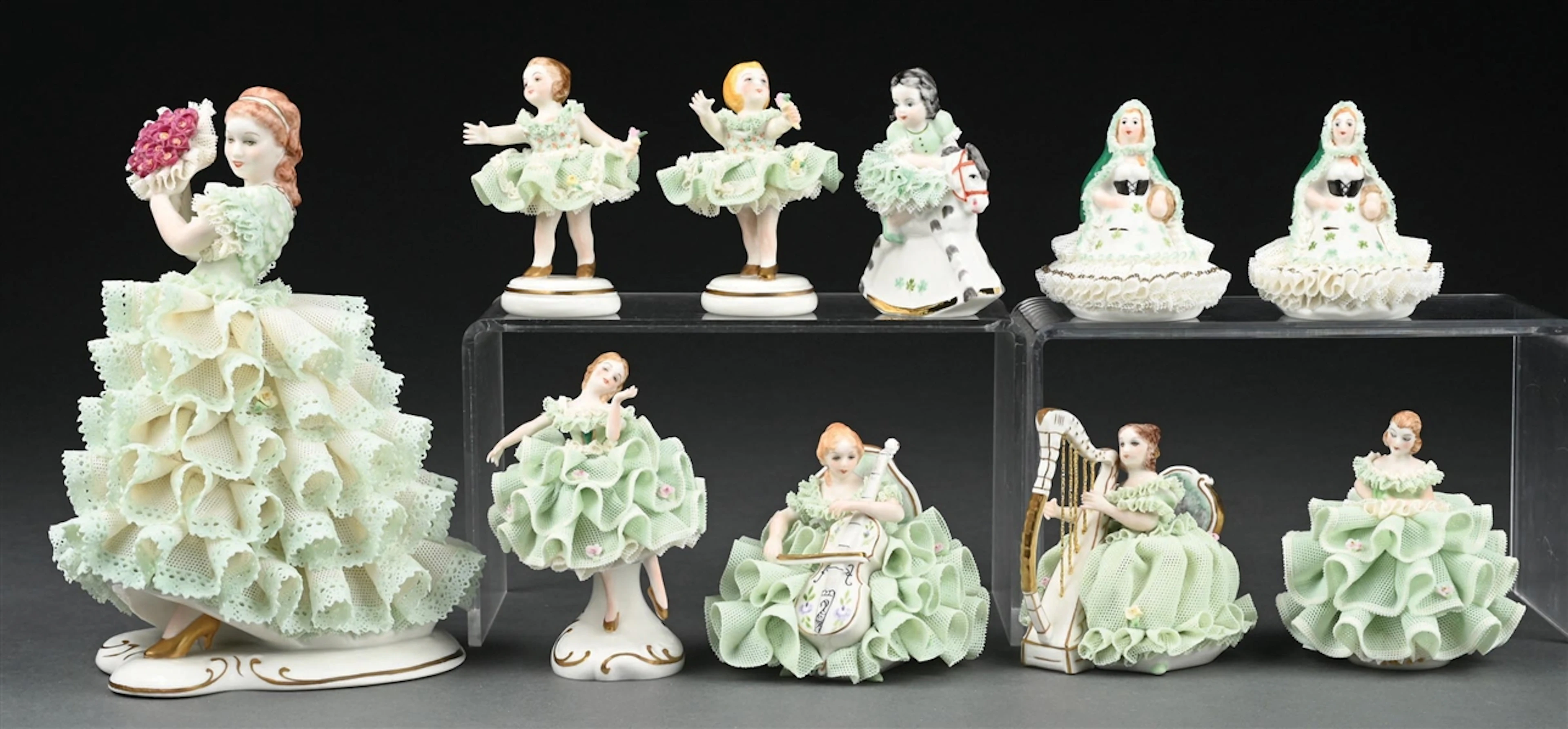 LOT OF 10: MULLER VOLKSTEDT IRISH GREEN DRESDEN LACE MINI PORCELAIN FIGURINES.