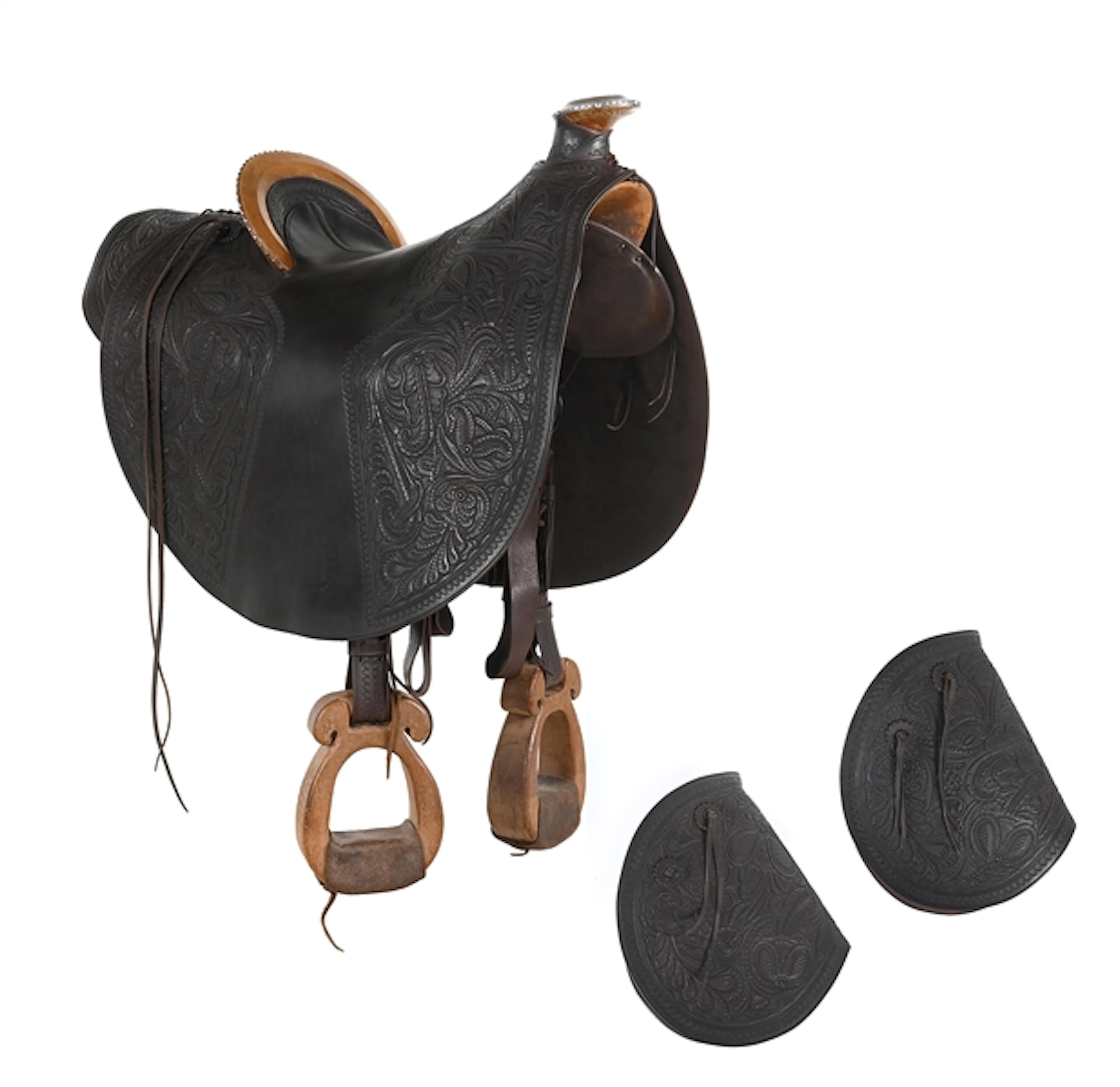 BLACK HAND-TOOLED LEATHER FLORAL MOTIF CALIFORNIA SADDLE MADE BY MARIO HANEL