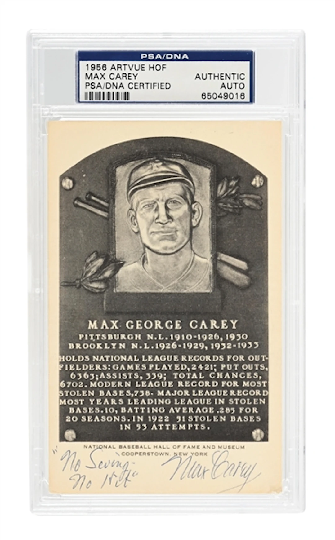 MAX CAREY SIGNED ARTVUE SIGNED HOF PLAQUE PSA/DNA