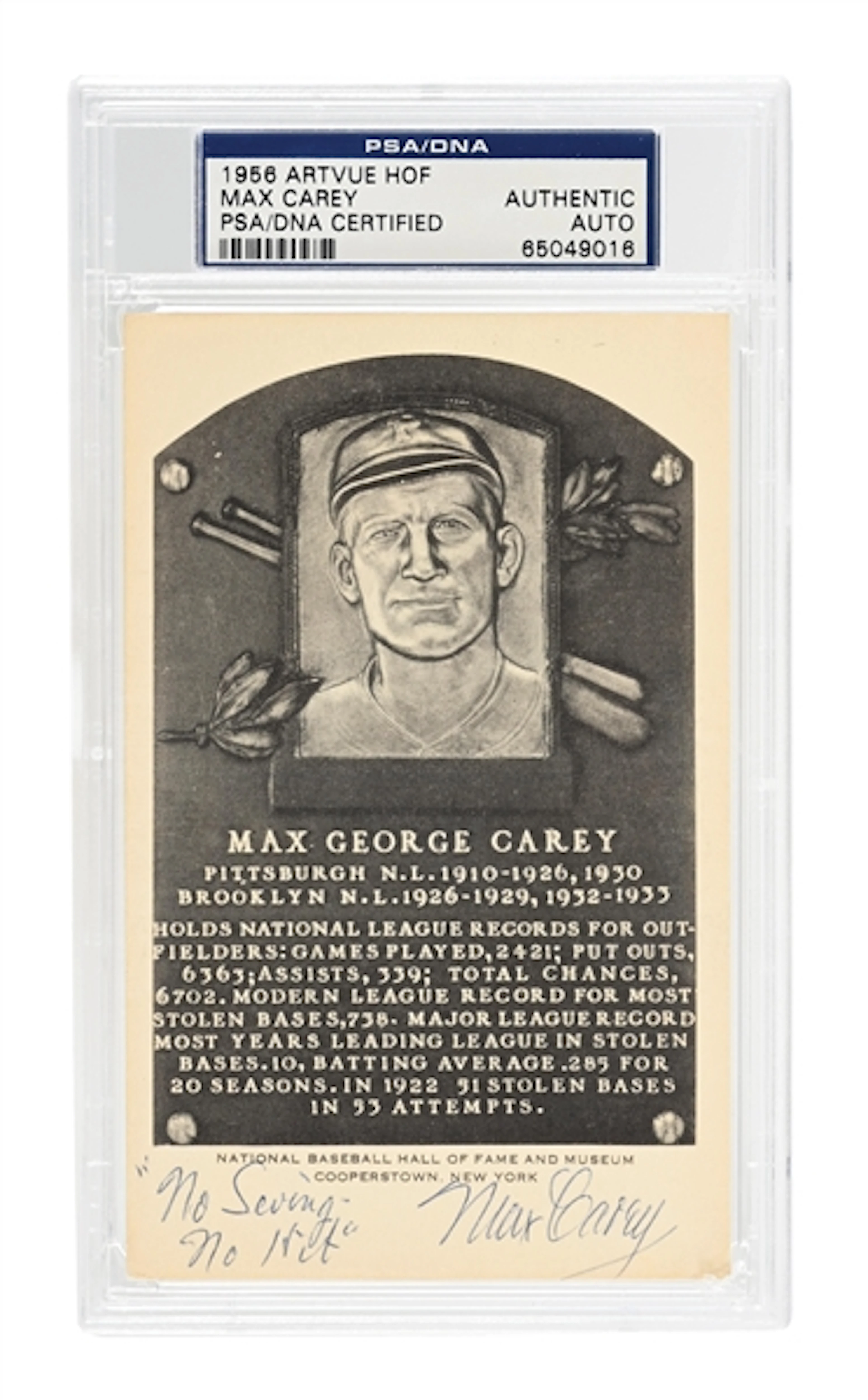 MAX CAREY SIGNED ARTVUE SIGNED HOF PLAQUE PSA/DNA