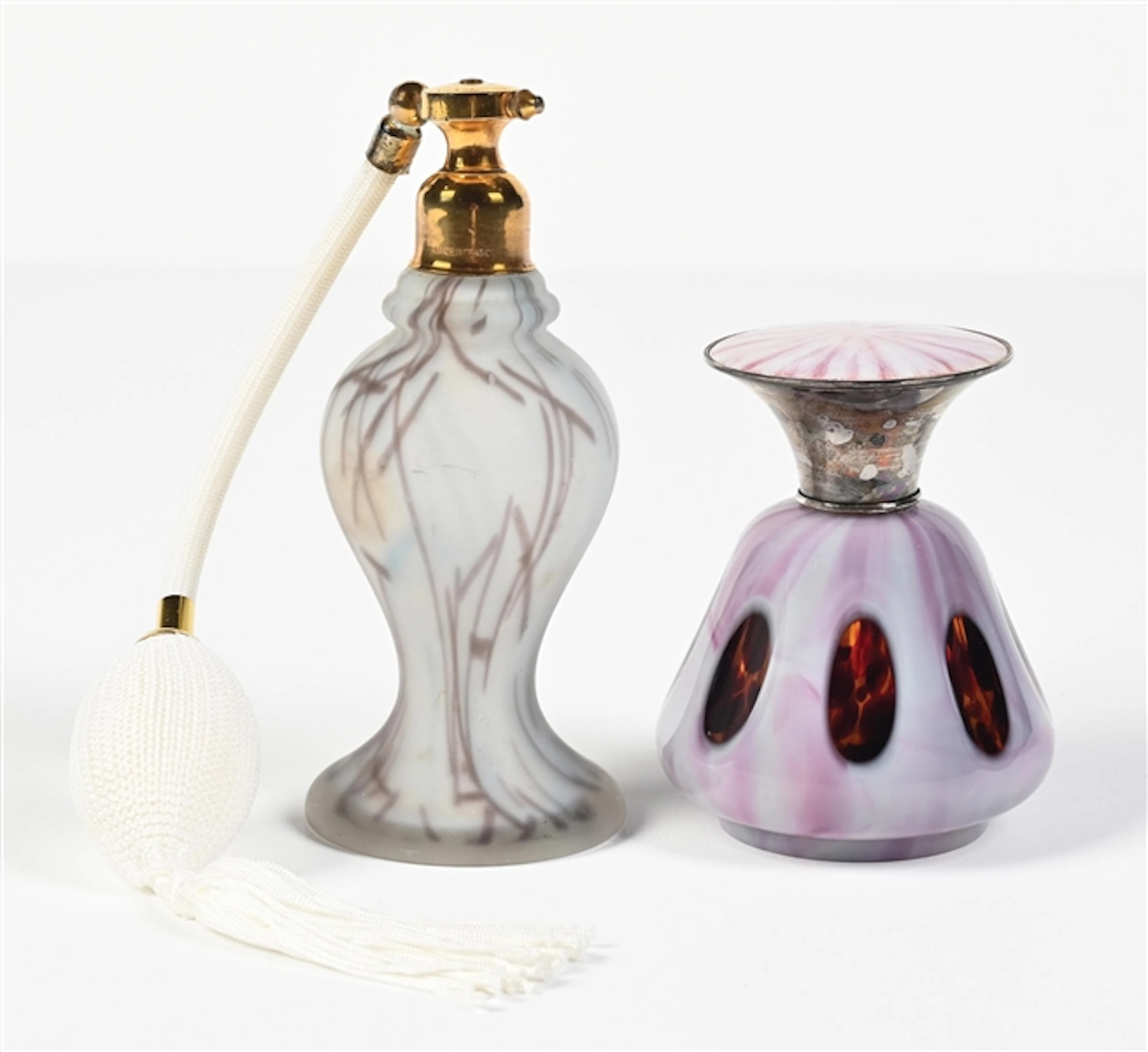 LOT OF 2: PURPLE ART GLASS PERFUME ATOMIZERS