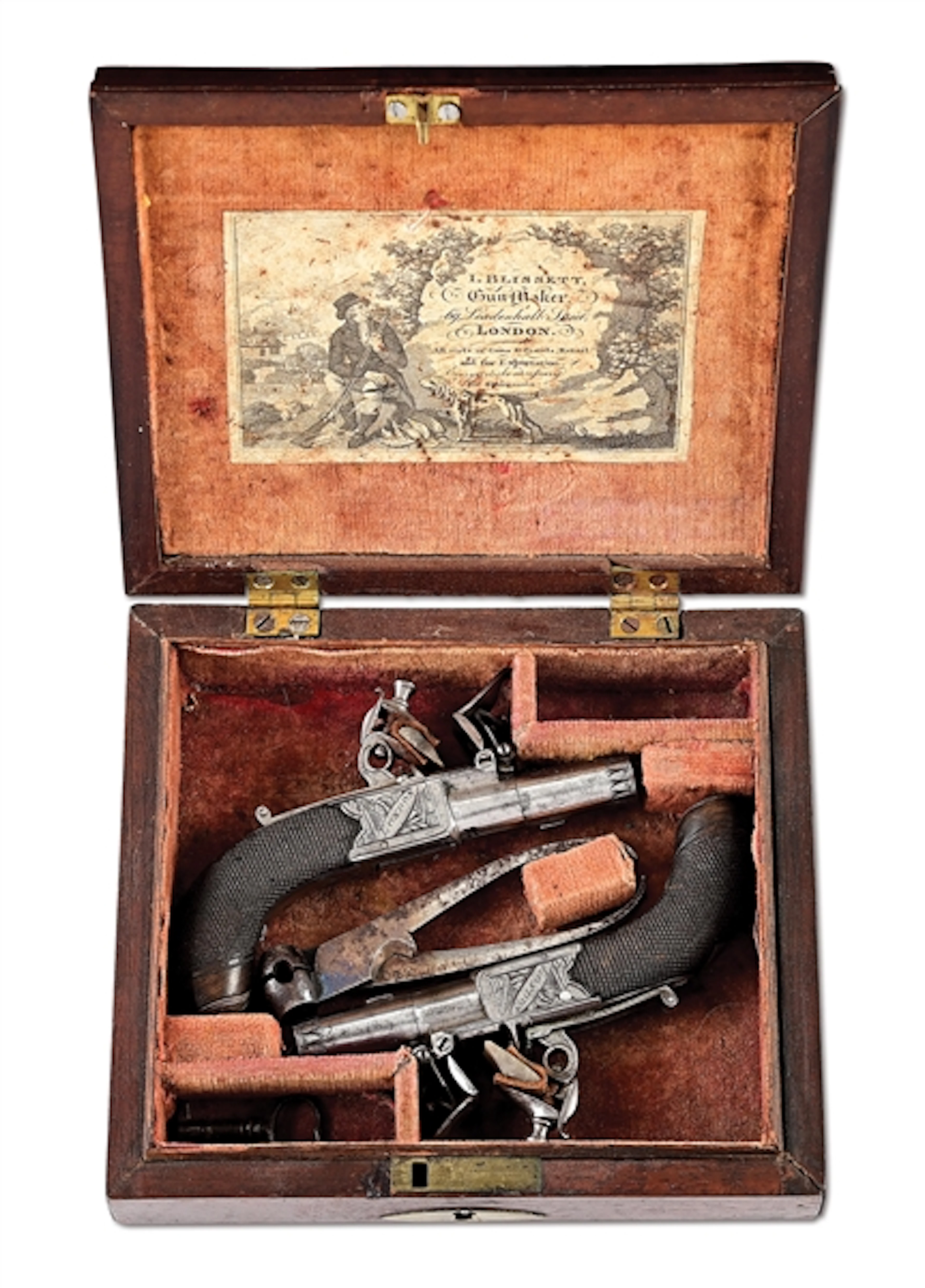 (A) FINE AND RARE CASED PAIR OF MINIATURE ENGLISH FLINTLOCK PISTOLS