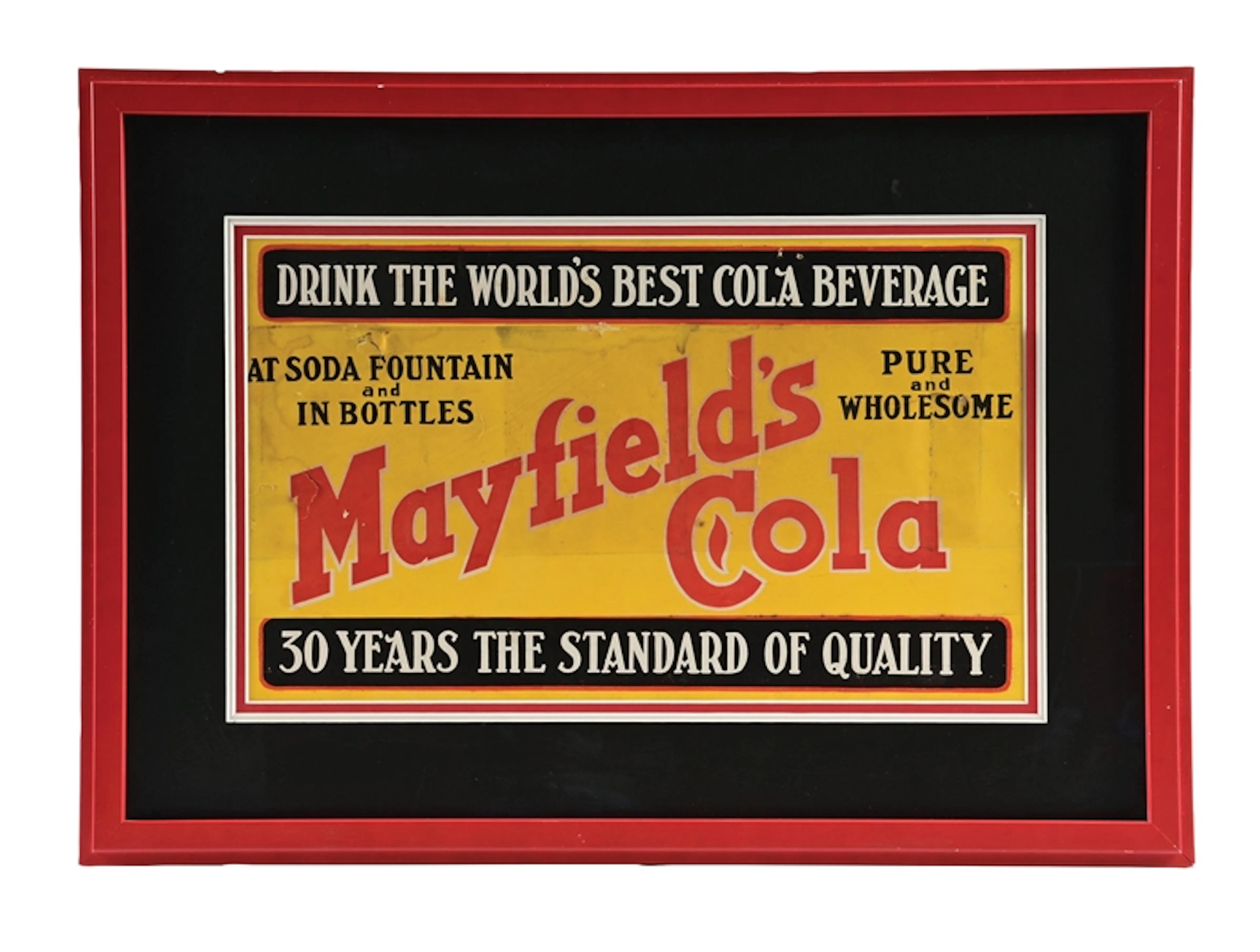 C. 1920 MAYFIELD'S COLA FRAMED CARDBOARD ADVERTISING SIGN