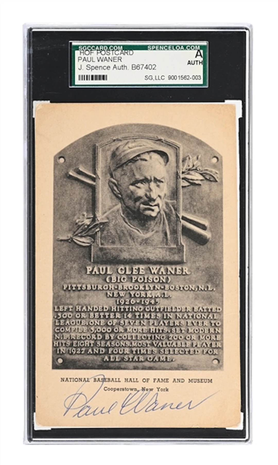 PAUL WANER SIGNED ALBERTYPE HOF PLAQUE JSA