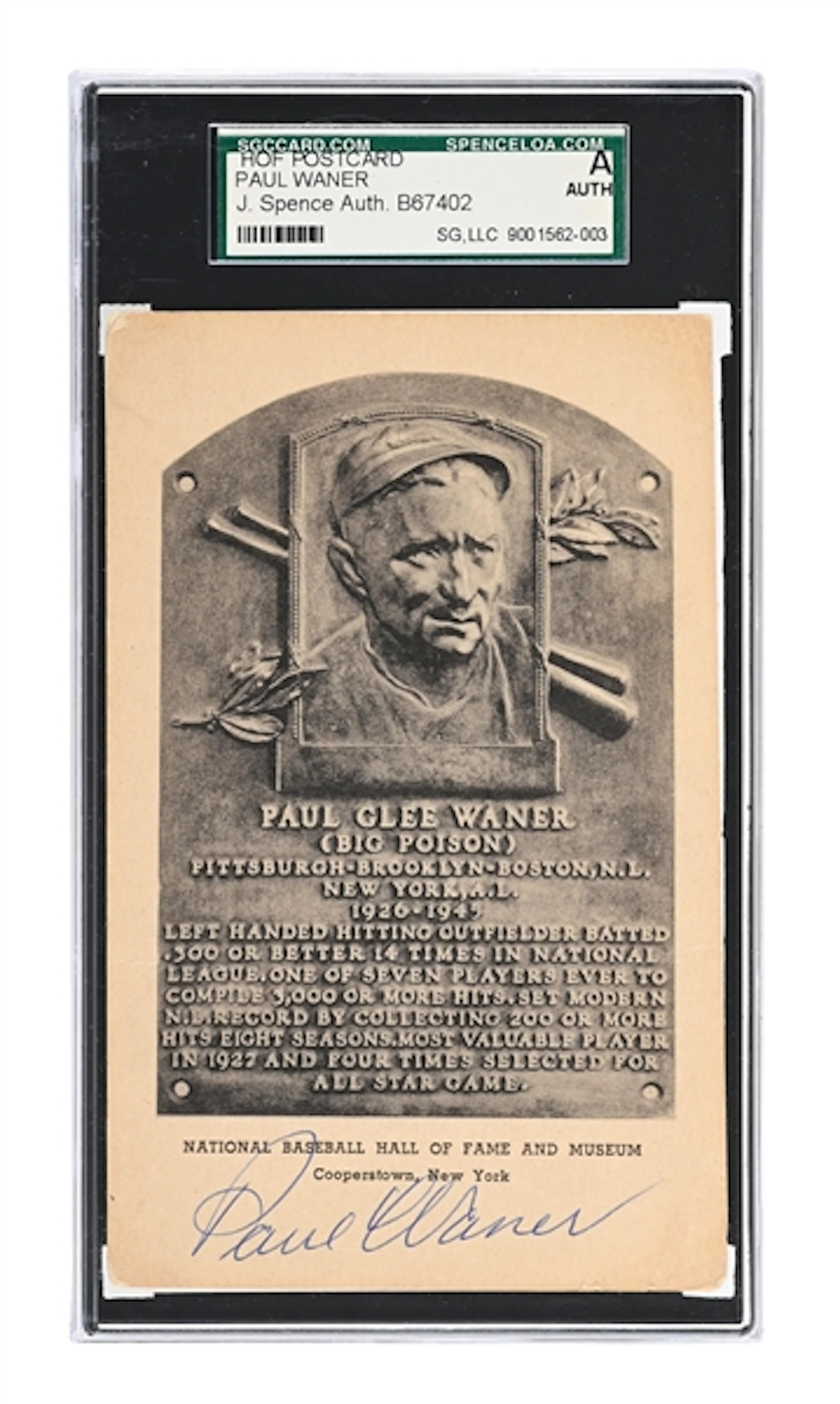PAUL WANER SIGNED ALBERTYPE HOF PLAQUE JSA