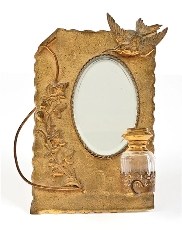 FLORAL GILDED VANITY PERFUME CADDY WITH MIRROR AND BIRD MOTIF