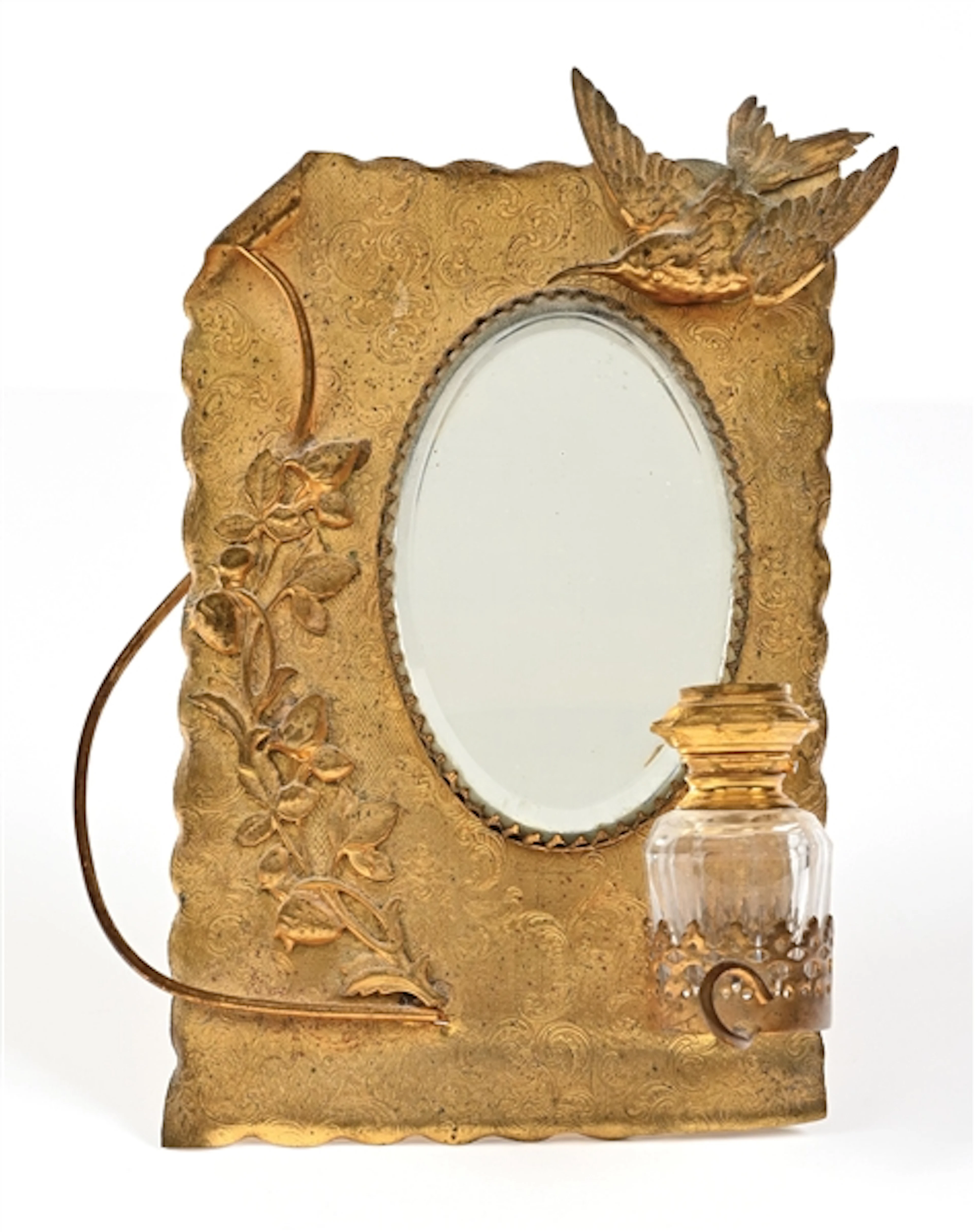 FLORAL GILDED VANITY PERFUME CADDY WITH MIRROR AND BIRD MOTIF