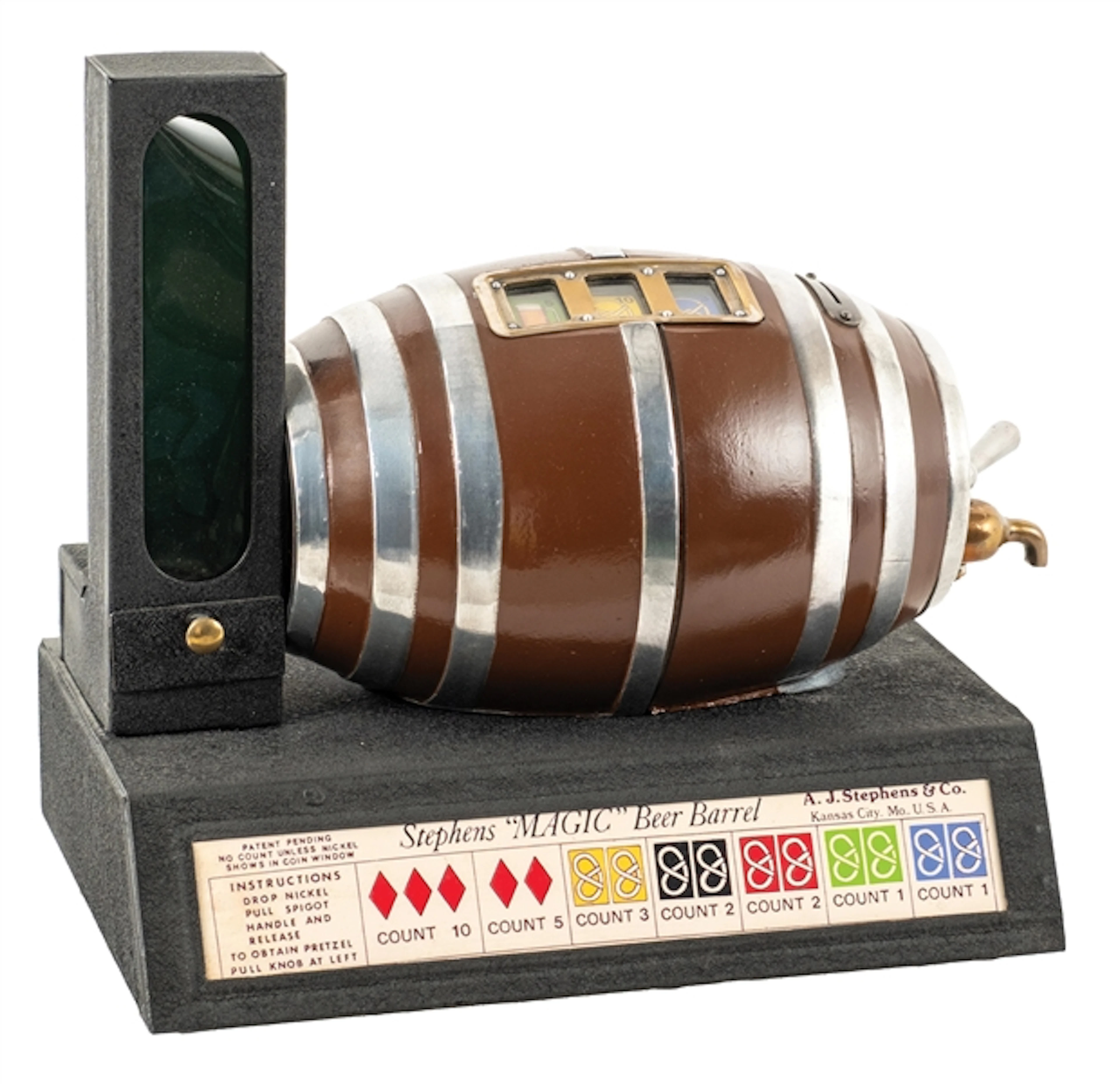 5¢ STEPHENS "MAGIC" BEER BARREL TRADE STIMULATOR & PRETZEL VENDOR