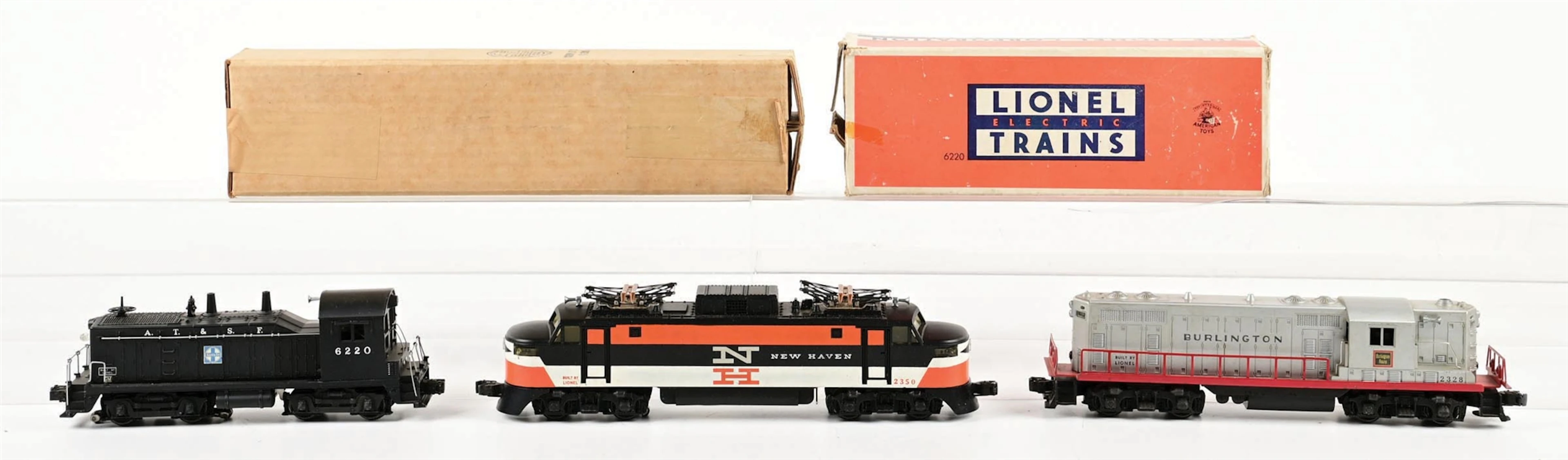 LOT OF 3: POST-WAR LIONEL O-GA. NO. 2328, 2350, & 6220 LOCOMOTIVES W/ 2 BOXES