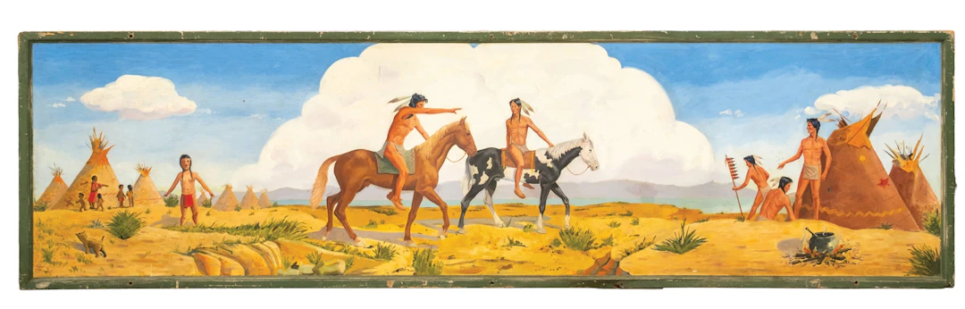 NATIVE AMERICAN TRIBE ON LAND PAINTING ON WOODEN SIGN