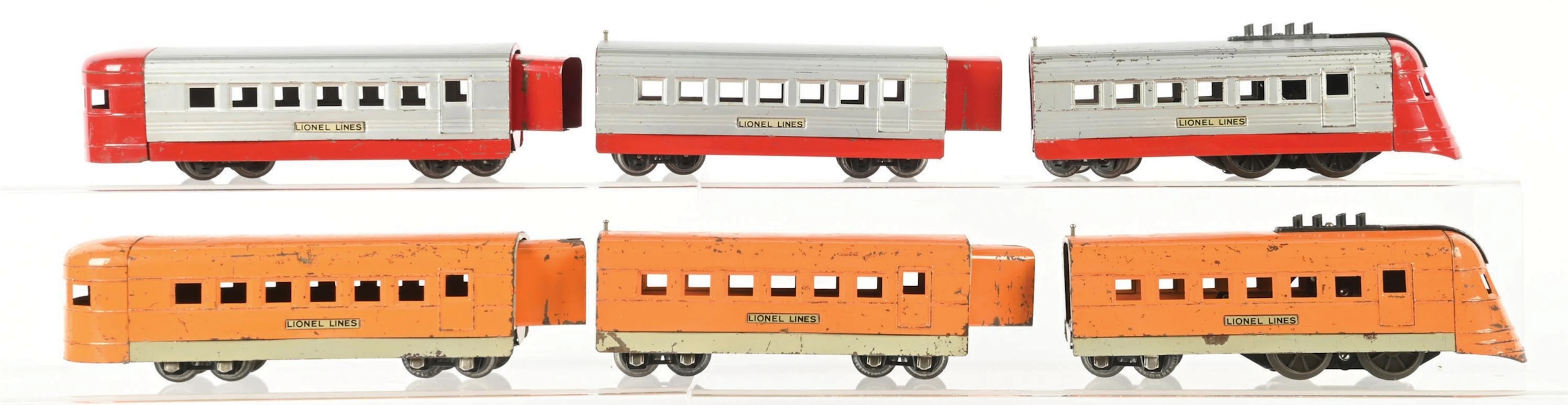 LOT OF 2: LIONEL JR. RED & ORANGE 3-UNIT STREAMLINE TRAIN SETS