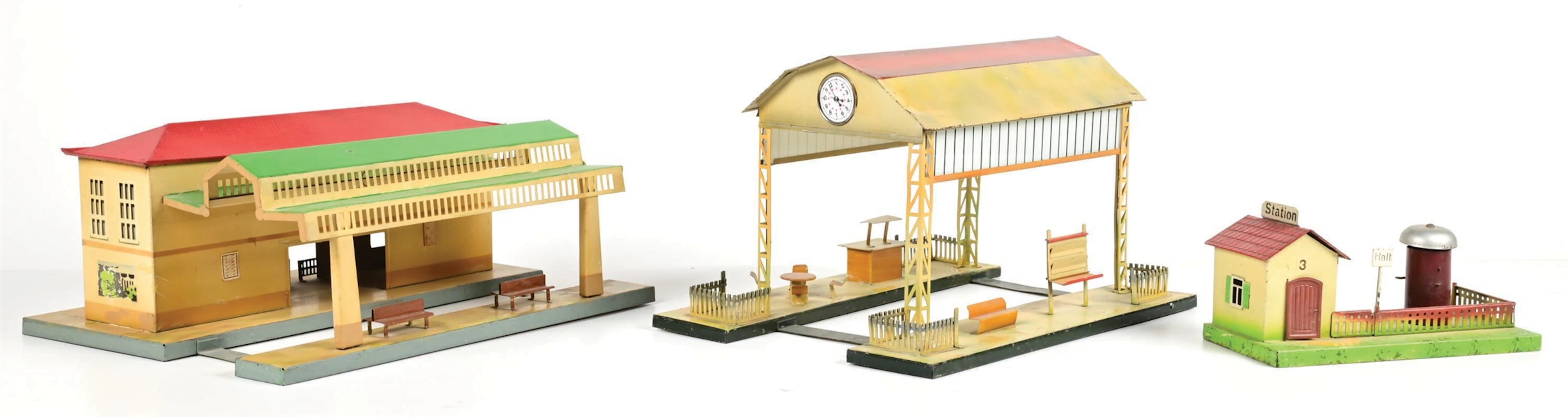 LOT OF 3: KIBRI O-GA. & STD-GA. TINPLATE TRAIN STATIONS AND PAVILIONS