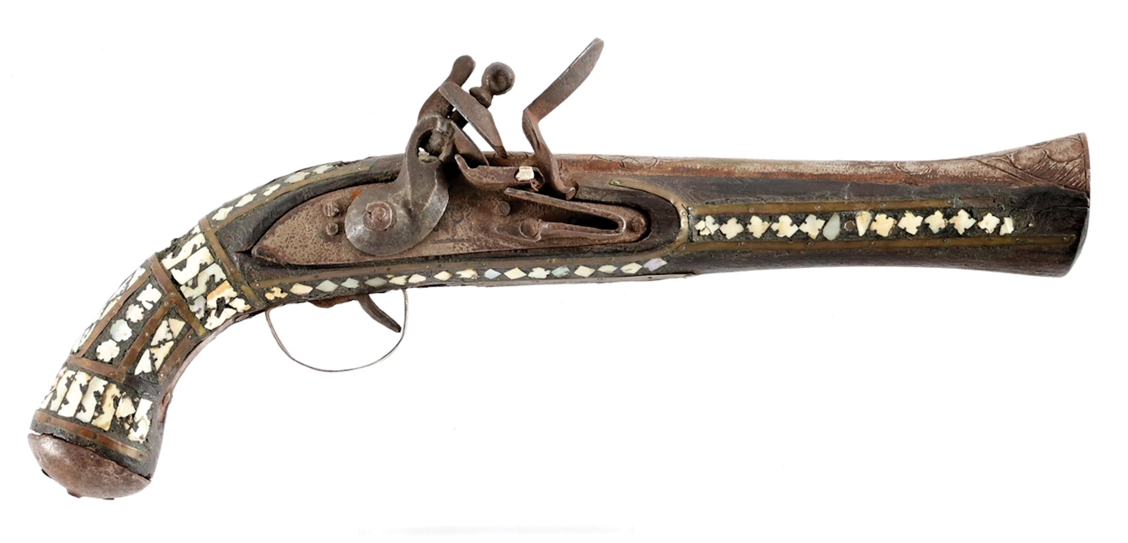 (A) MIDDLE EASTERN FLINTLOCK BLUNDERBUSS PISTOL WITH MOTHER OF PEARL INLAY