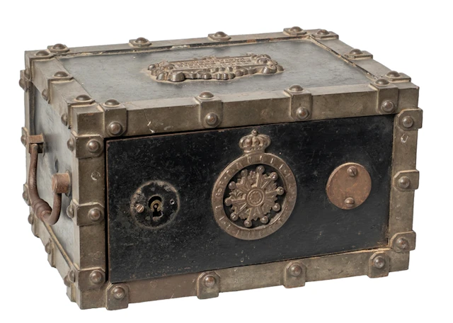 AN ALL ORIGINAL CAST IRON STRONGBOX OF FRENCH MANUFACTURE