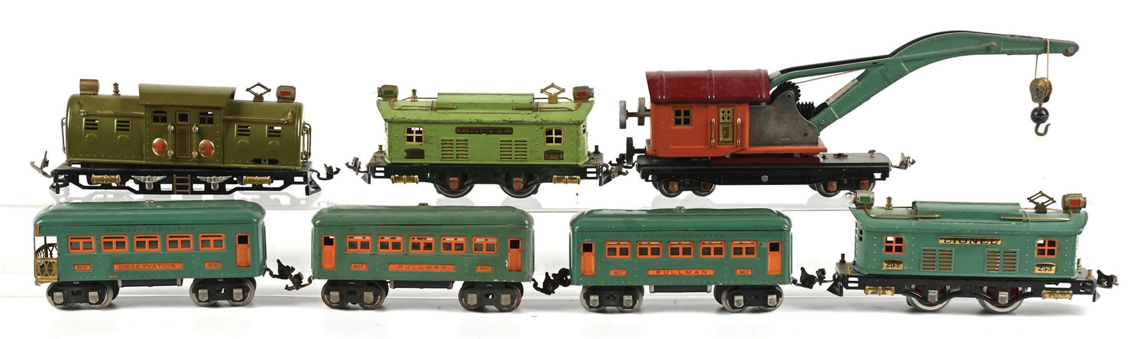 LOT OF 7: LIONEL O-GA. PREWAR LOCOMOTIVES, PASS. CARS & CRANE