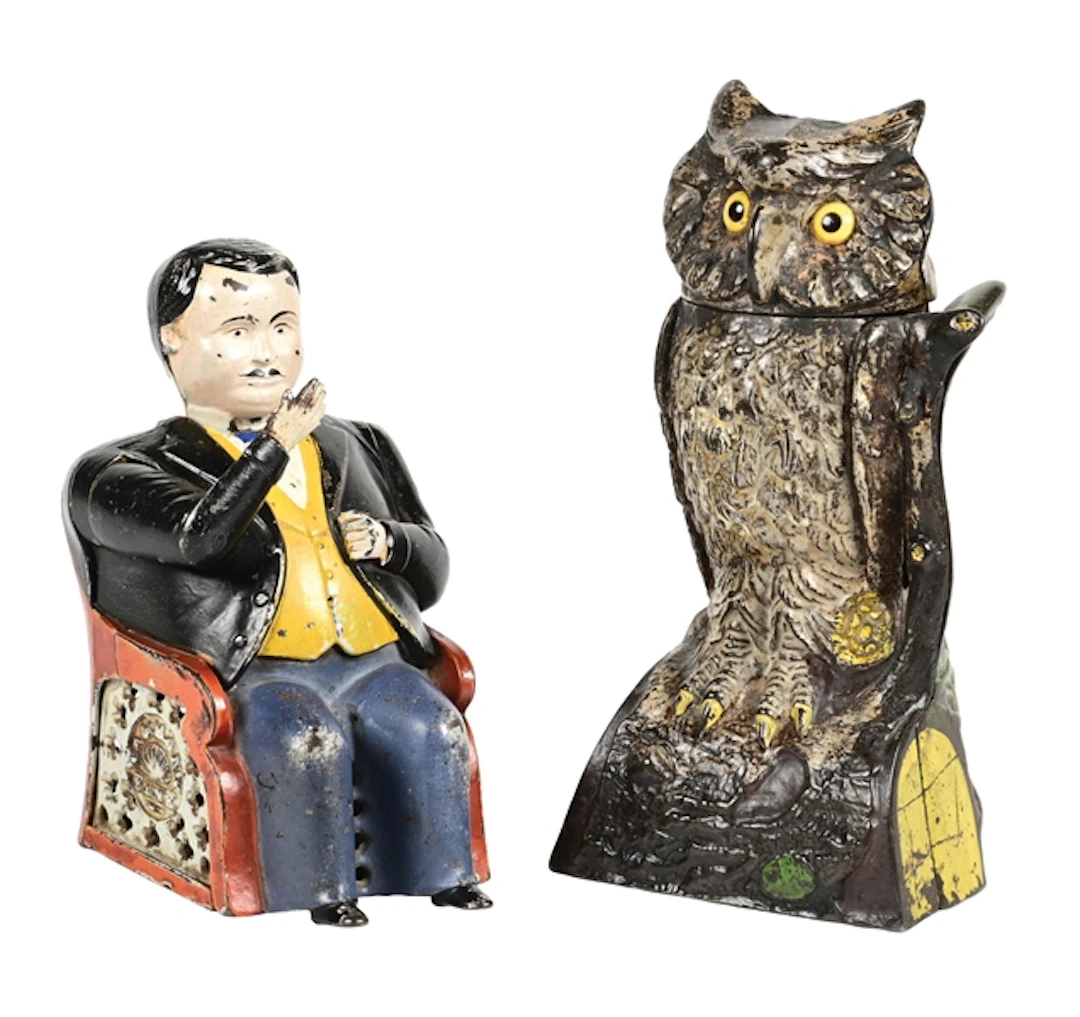 LOT OF 2: CAST IRON MECHANICAL OWL AND TAMMANY BANKS