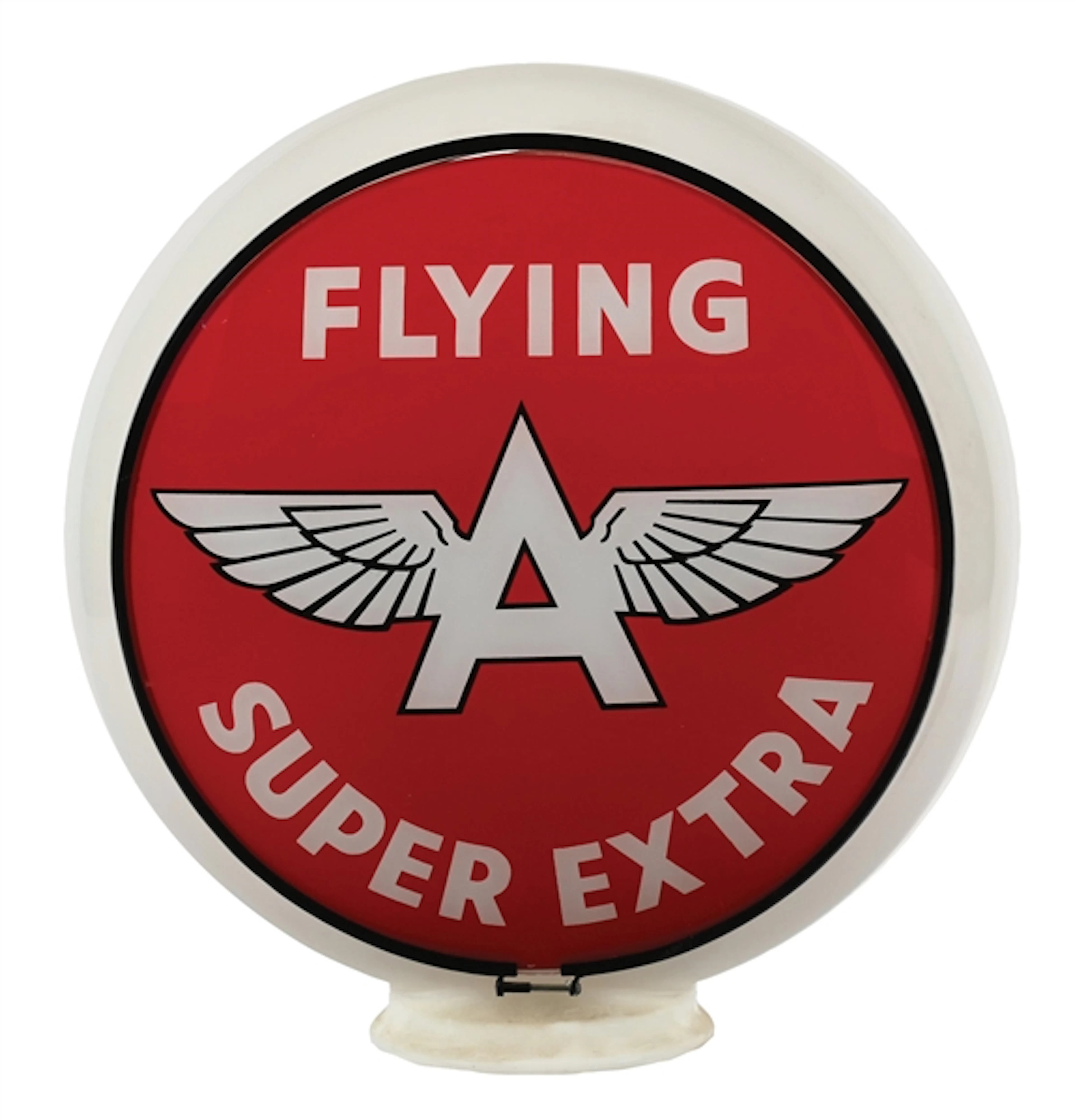 FLYING A SUPER EXTRA GASOLINE COMPLETE 13.25" GLOBE ON MILK GLASS GILL BODY.
